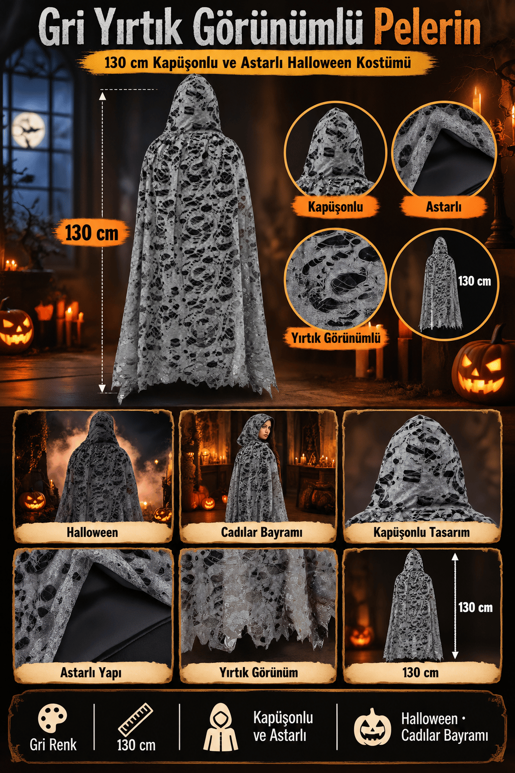 Halloween Kapüşonlu Yırtık Görünümlü Gri 130cm astarlı