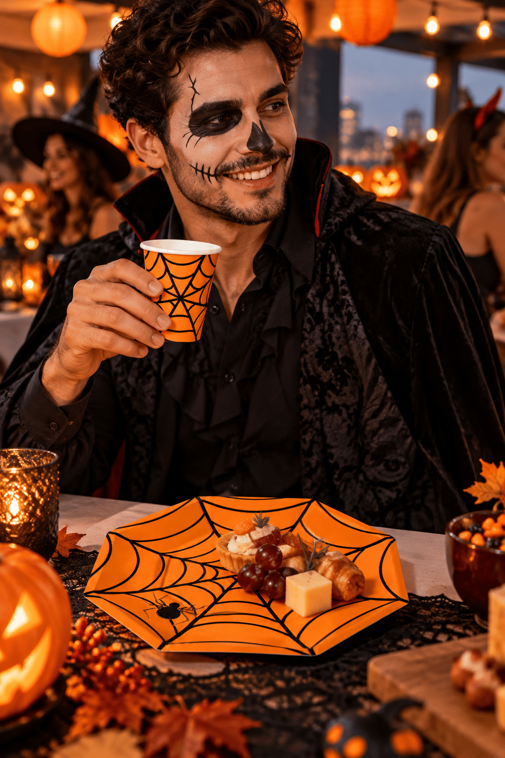 Halloween Karton Bardak-Tabak Örümcek Turuncu 8li set