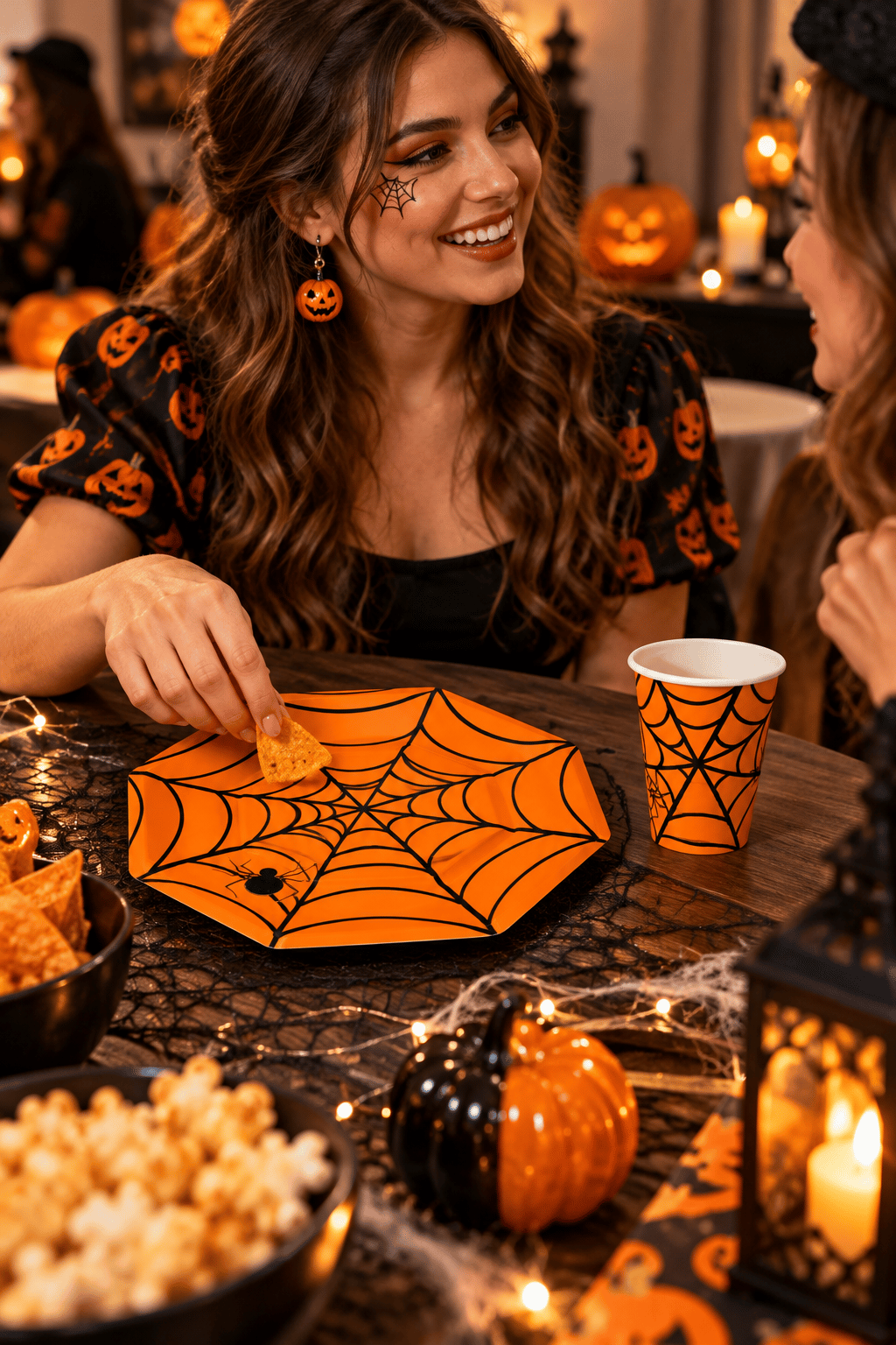 Halloween Karton Bardak-Tabak Örümcek Turuncu 8li set