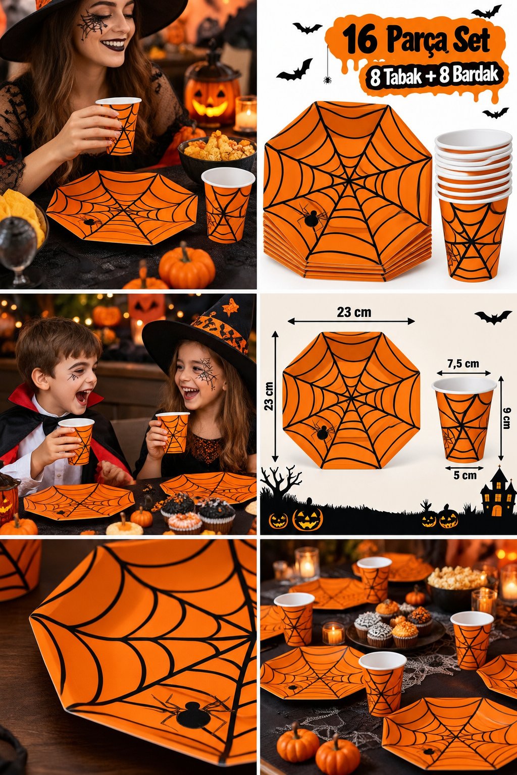 Halloween Karton Bardak-Tabak Örümcek Turuncu 8li set