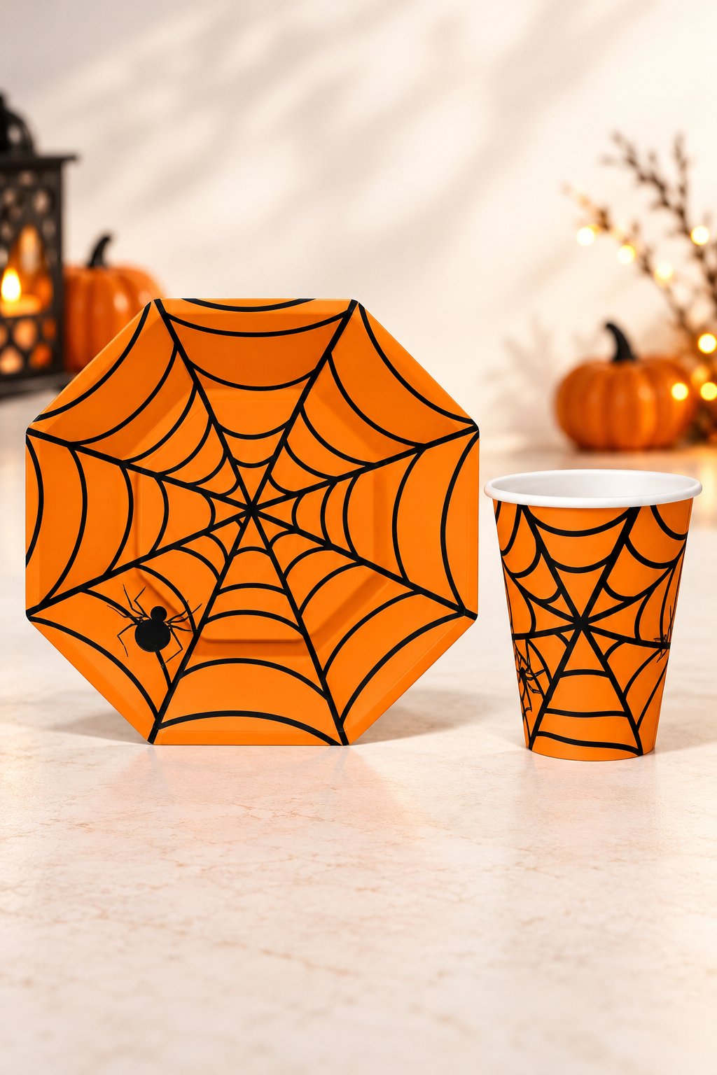 Halloween Karton Bardak-Tabak Örümcek Turuncu 8li set