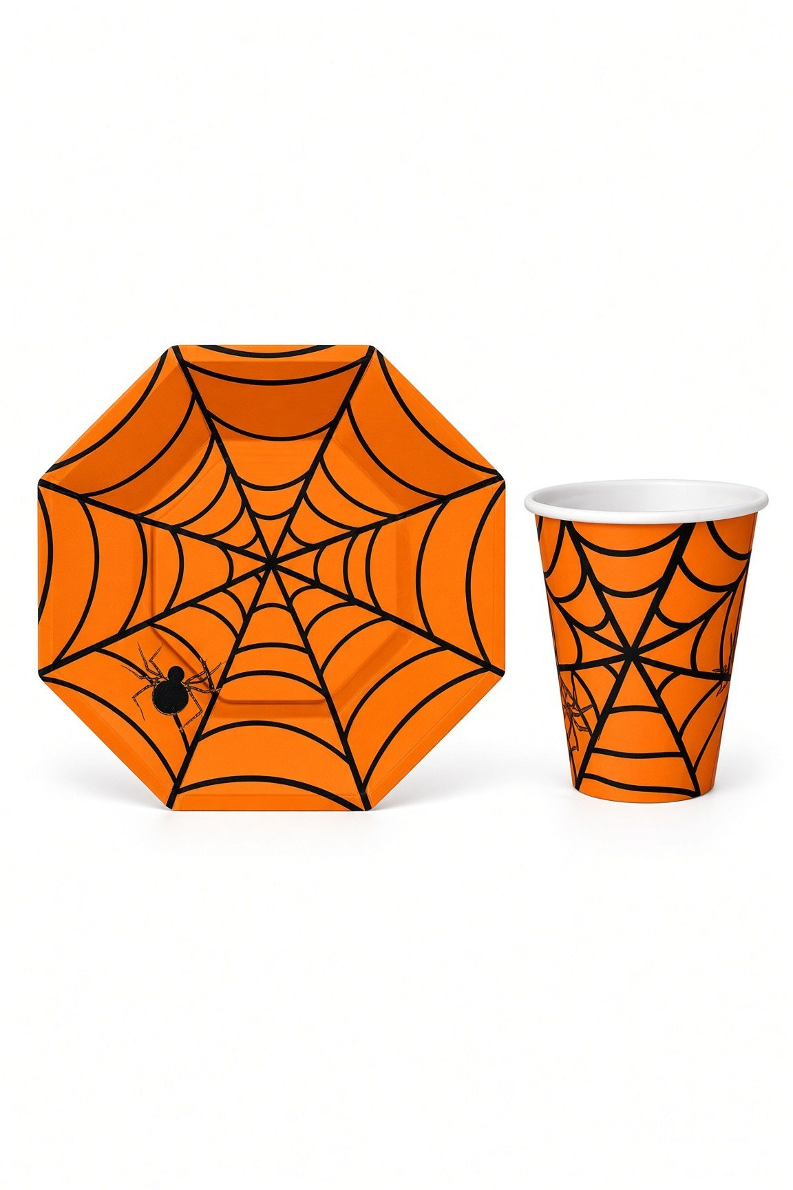 Halloween Karton Bardak-Tabak Örümcek Turuncu 8li set