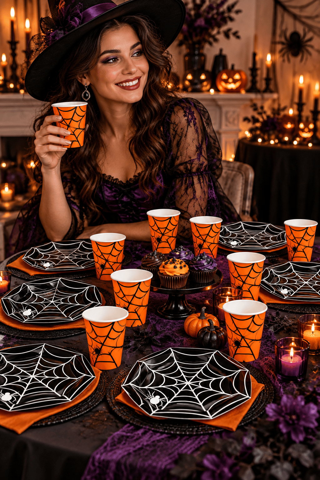 Halloween Karton Bardak turuncu-Tabak siyah 8 li set