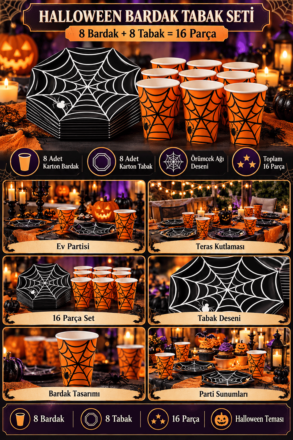 Halloween Karton Bardak turuncu-Tabak siyah 8 li set