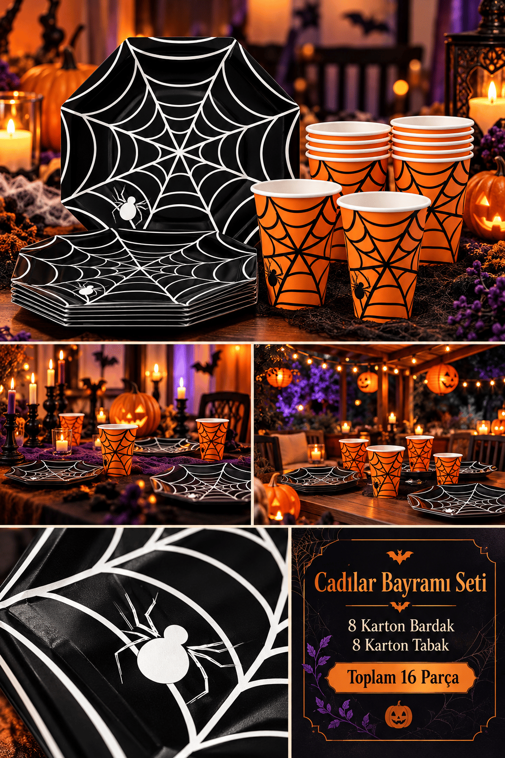 Halloween Karton Bardak turuncu-Tabak siyah 8 li set
