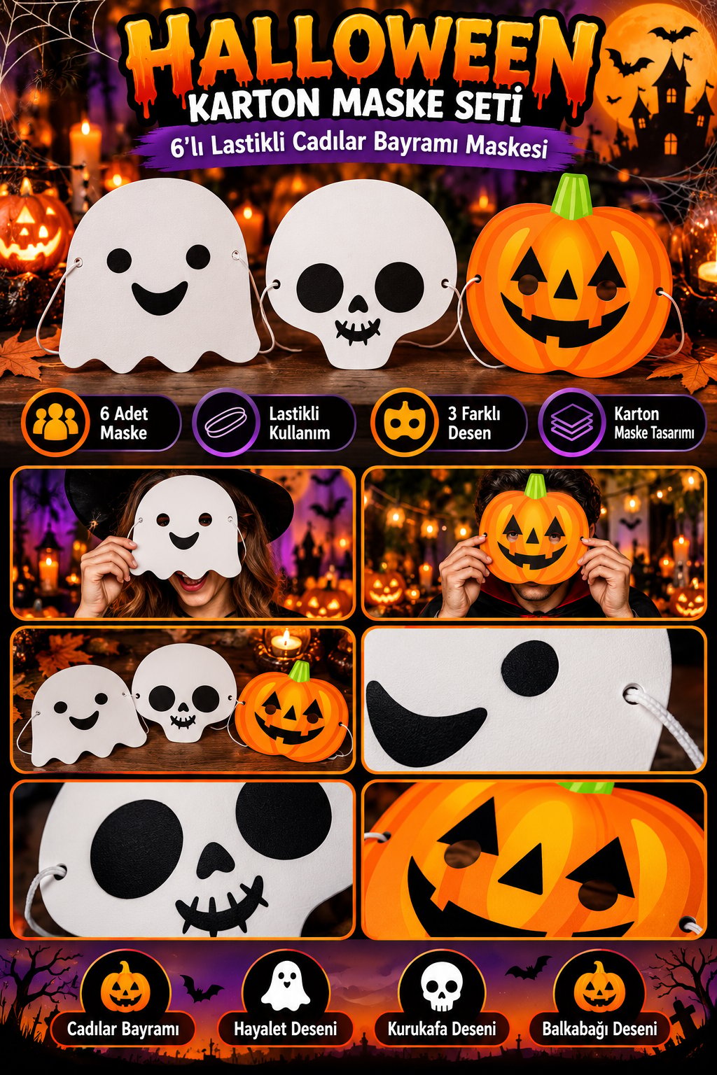 Halloween Karton maske 6lı Lastikli