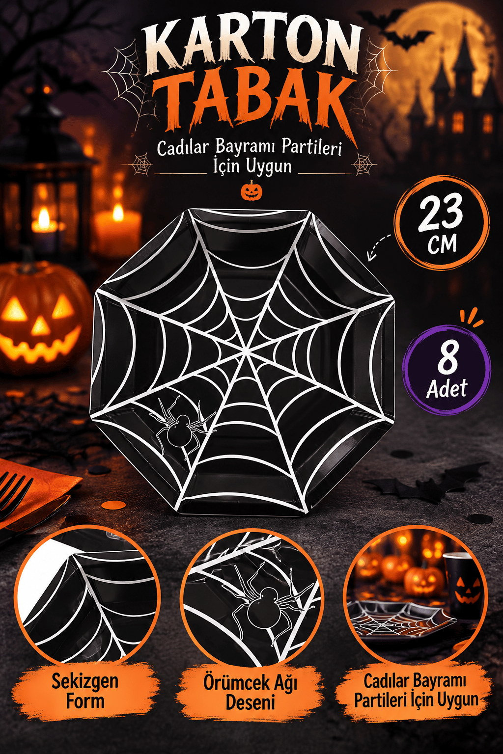 Halloween Karton Tabak Örümcek Siyah Sekizgen 23CM (8AD)
