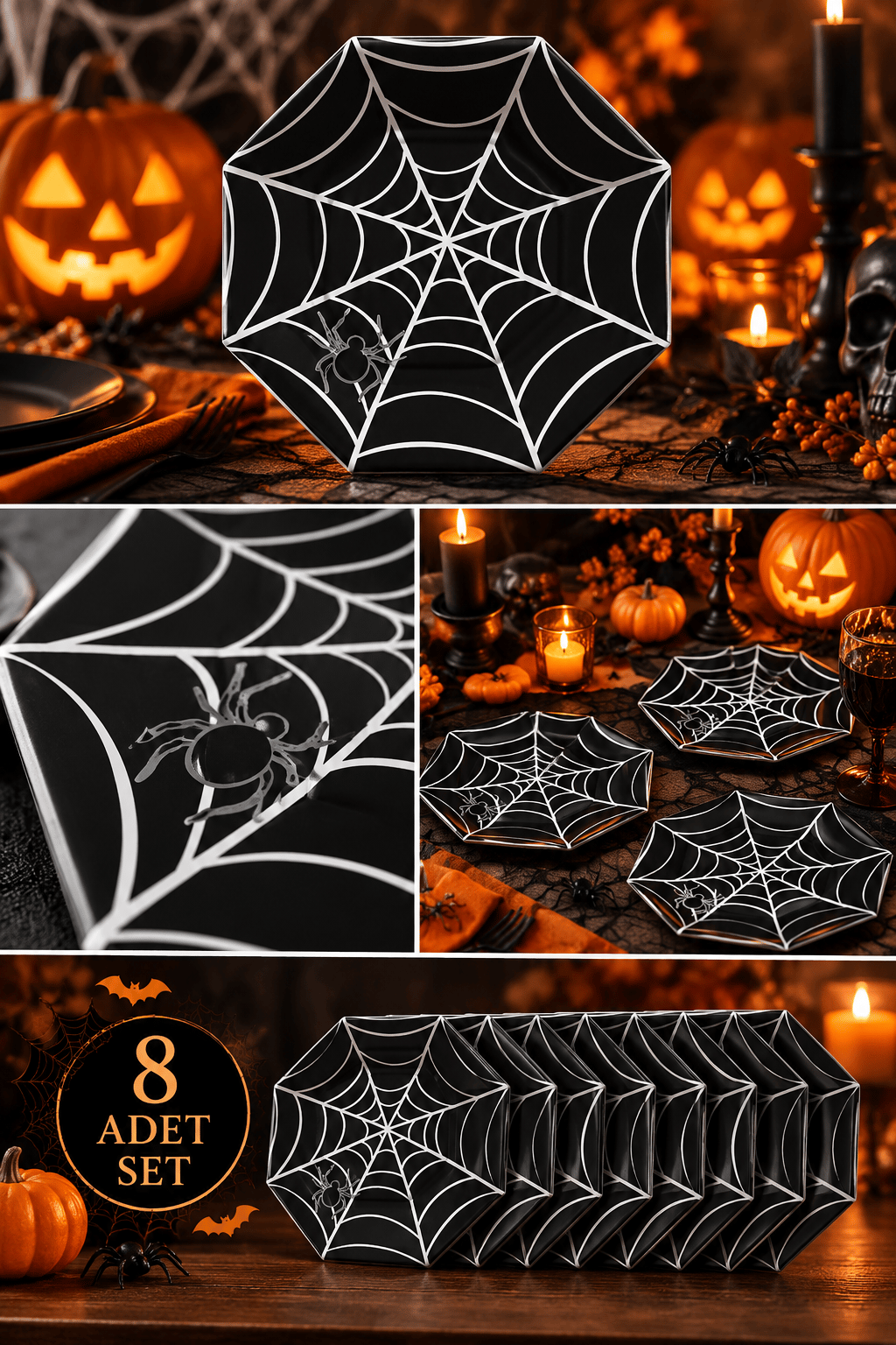 Halloween Karton Tabak Örümcek Siyah Sekizgen 23CM (8AD)