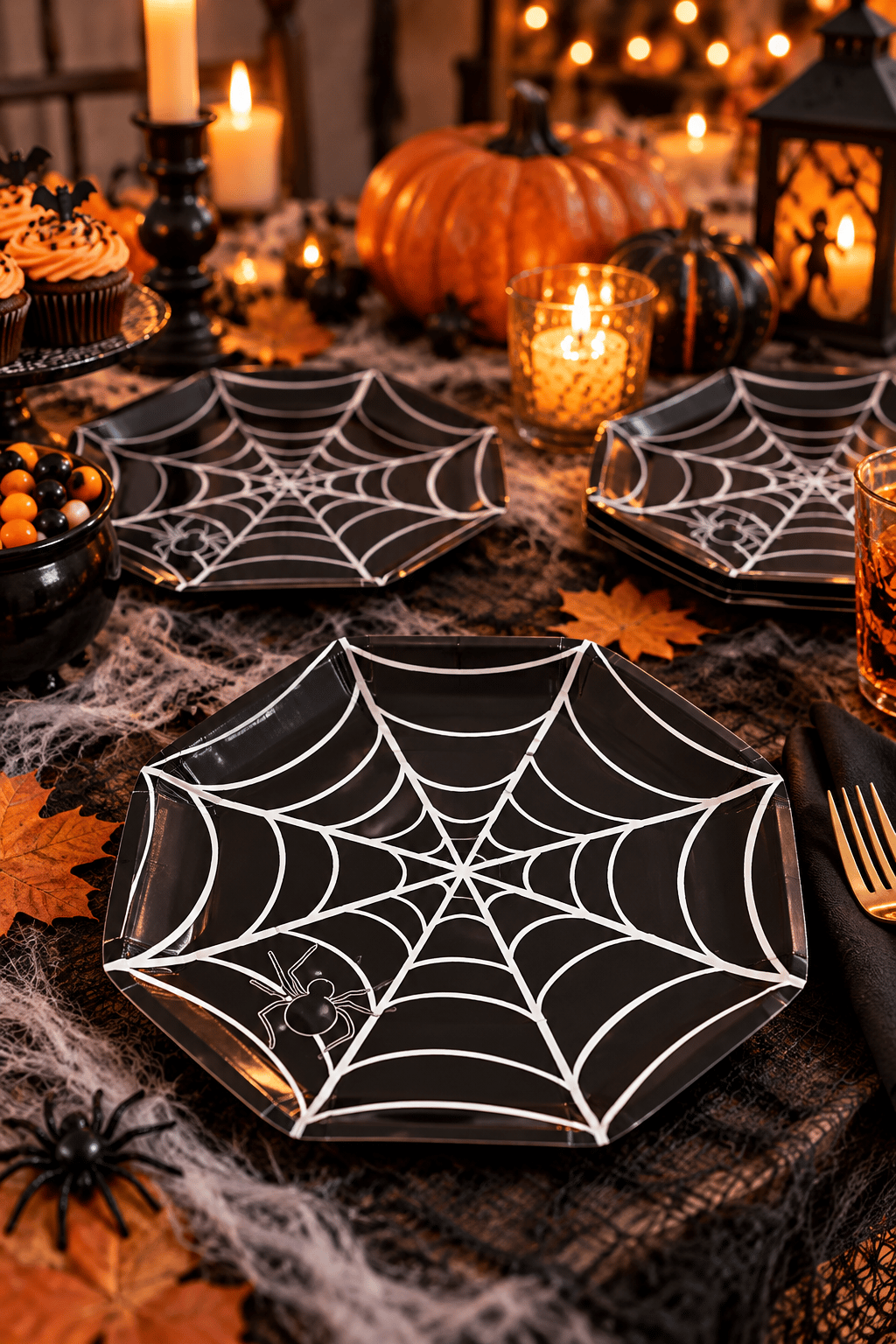 Halloween Karton Tabak Örümcek Siyah Sekizgen 23CM (8AD)