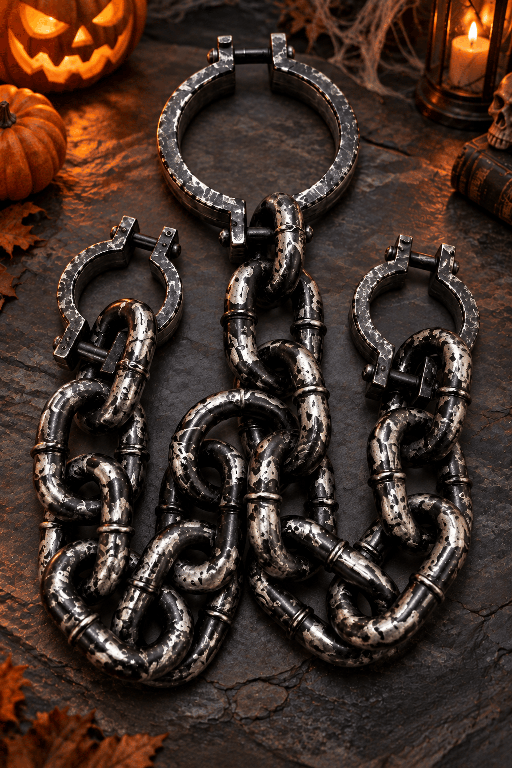 Halloween Kelepçeli Mahkum Zinciri Kostüm Aksesuarı Siyah Metal Görünümlü Dekoratif Zincir