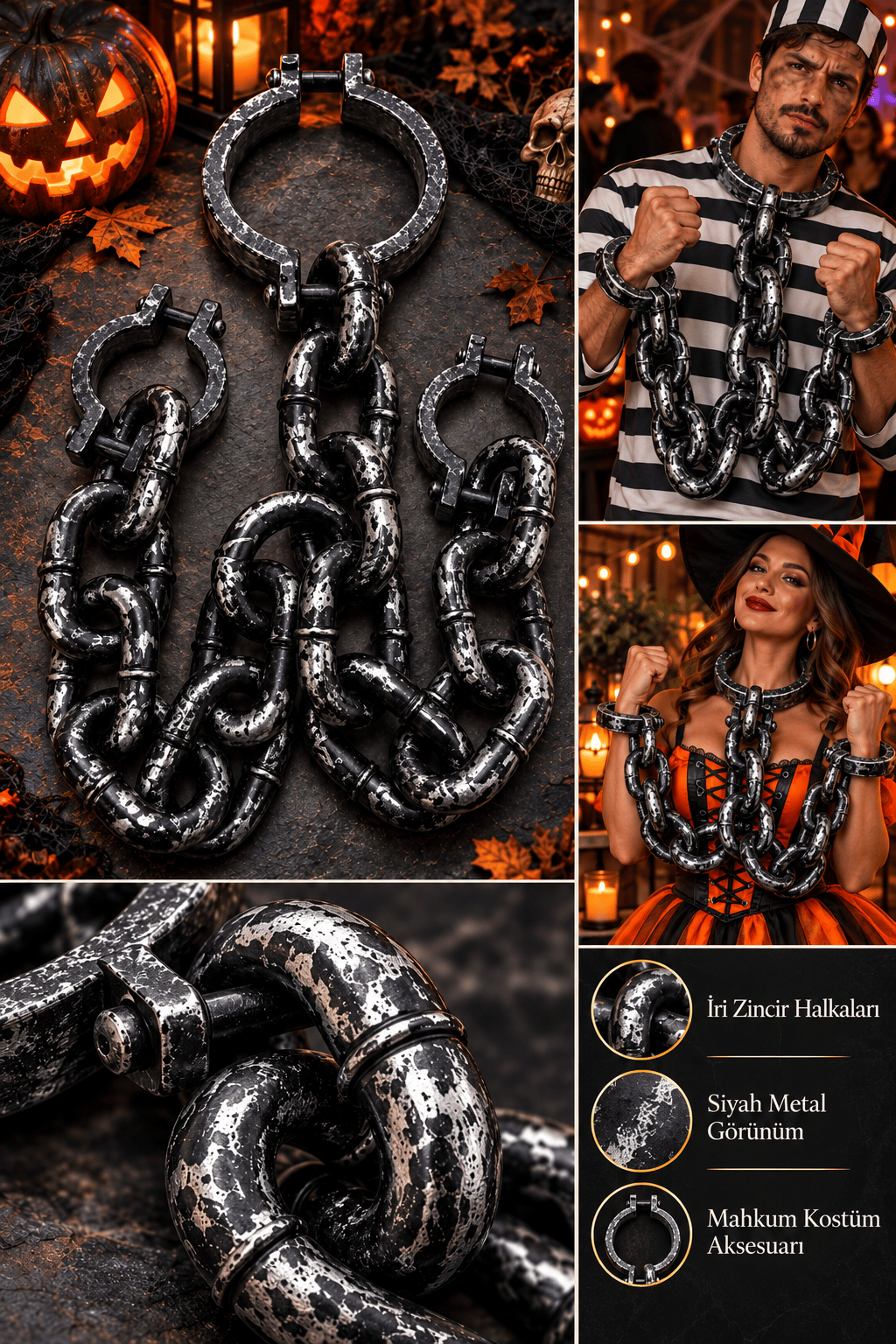 Halloween Kelepçeli Mahkum Zinciri Kostüm Aksesuarı Siyah Metal Görünümlü Dekoratif Zincir