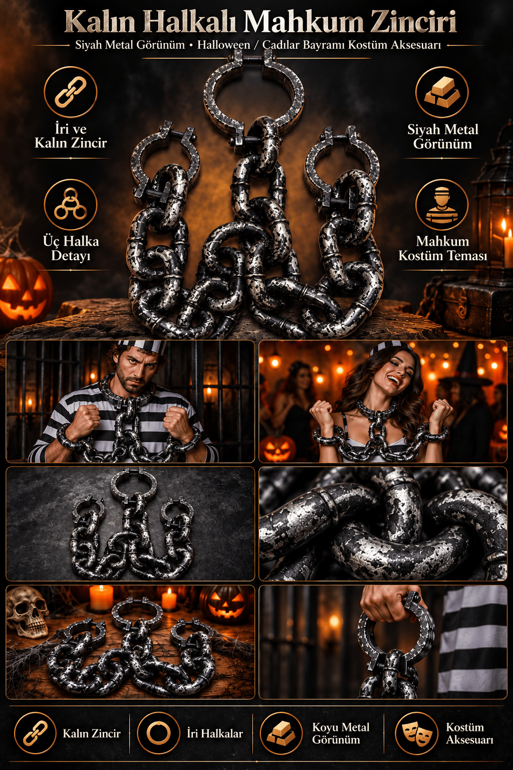 Halloween Kelepçeli Mahkum Zinciri Kostüm Aksesuarı Siyah Metal Görünümlü Dekoratif Zincir