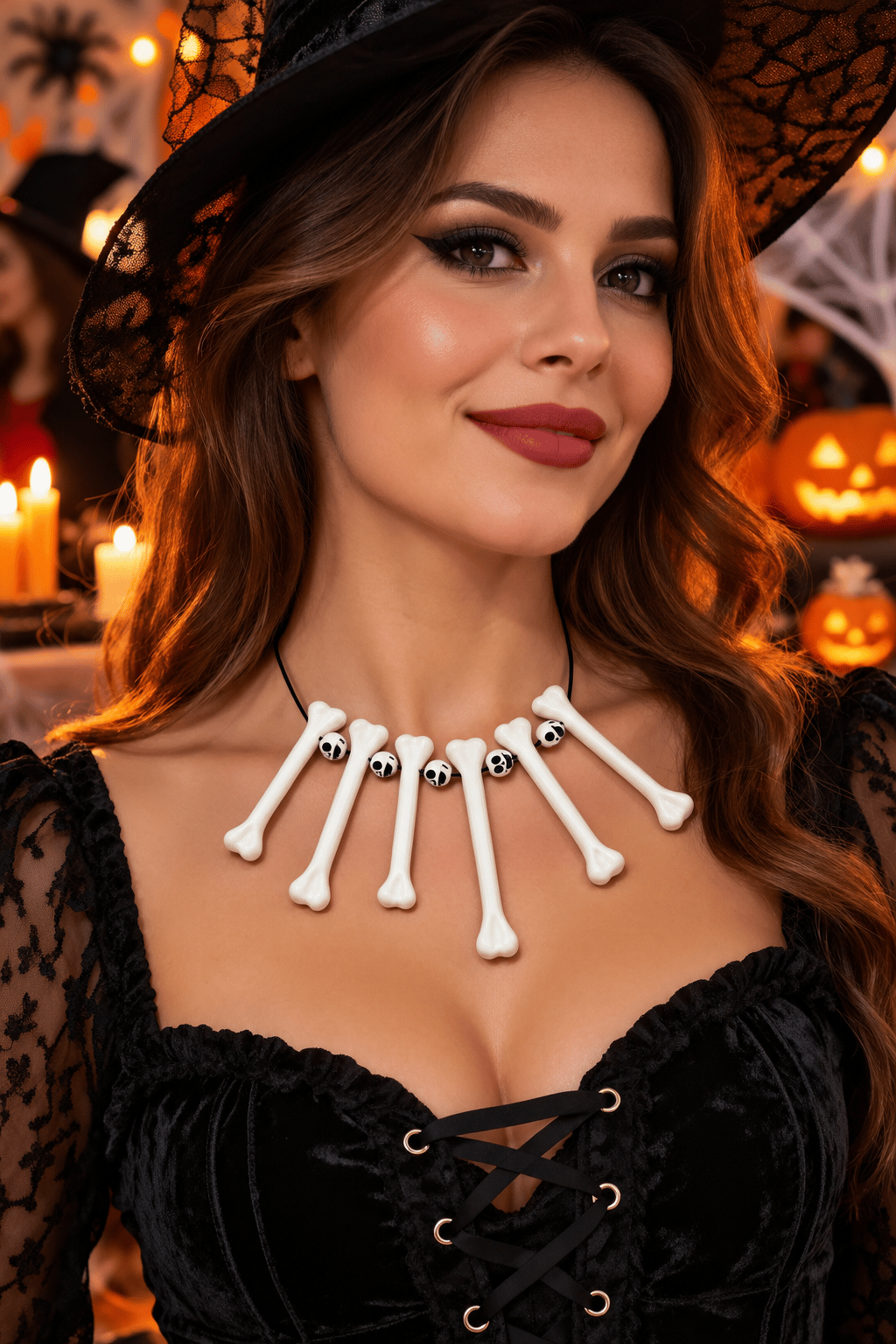 Halloween Kemik Kolye Kuru Kafa Boncuklu Beyaz