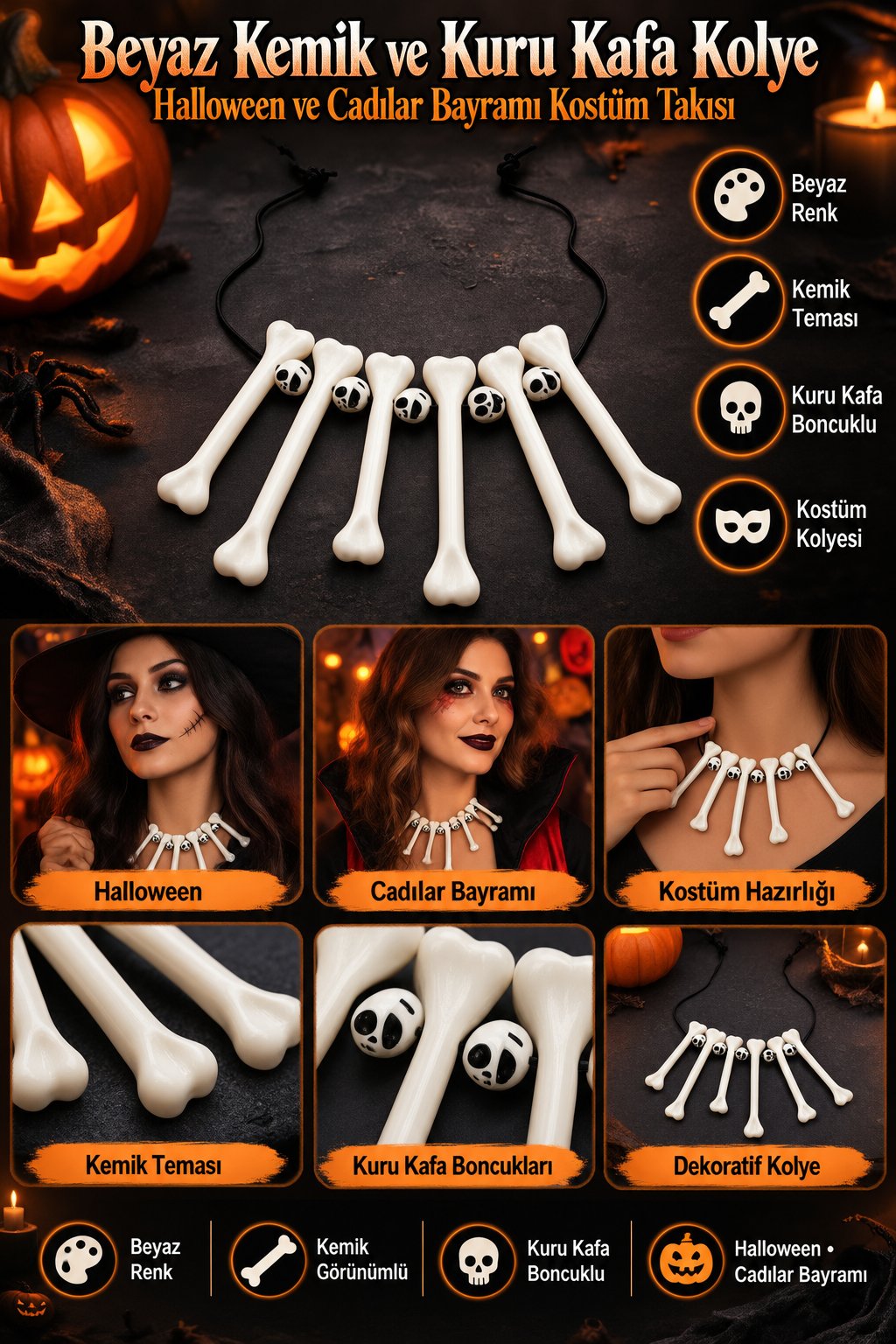 Halloween Kemik Kolye Kuru Kafa Boncuklu Beyaz