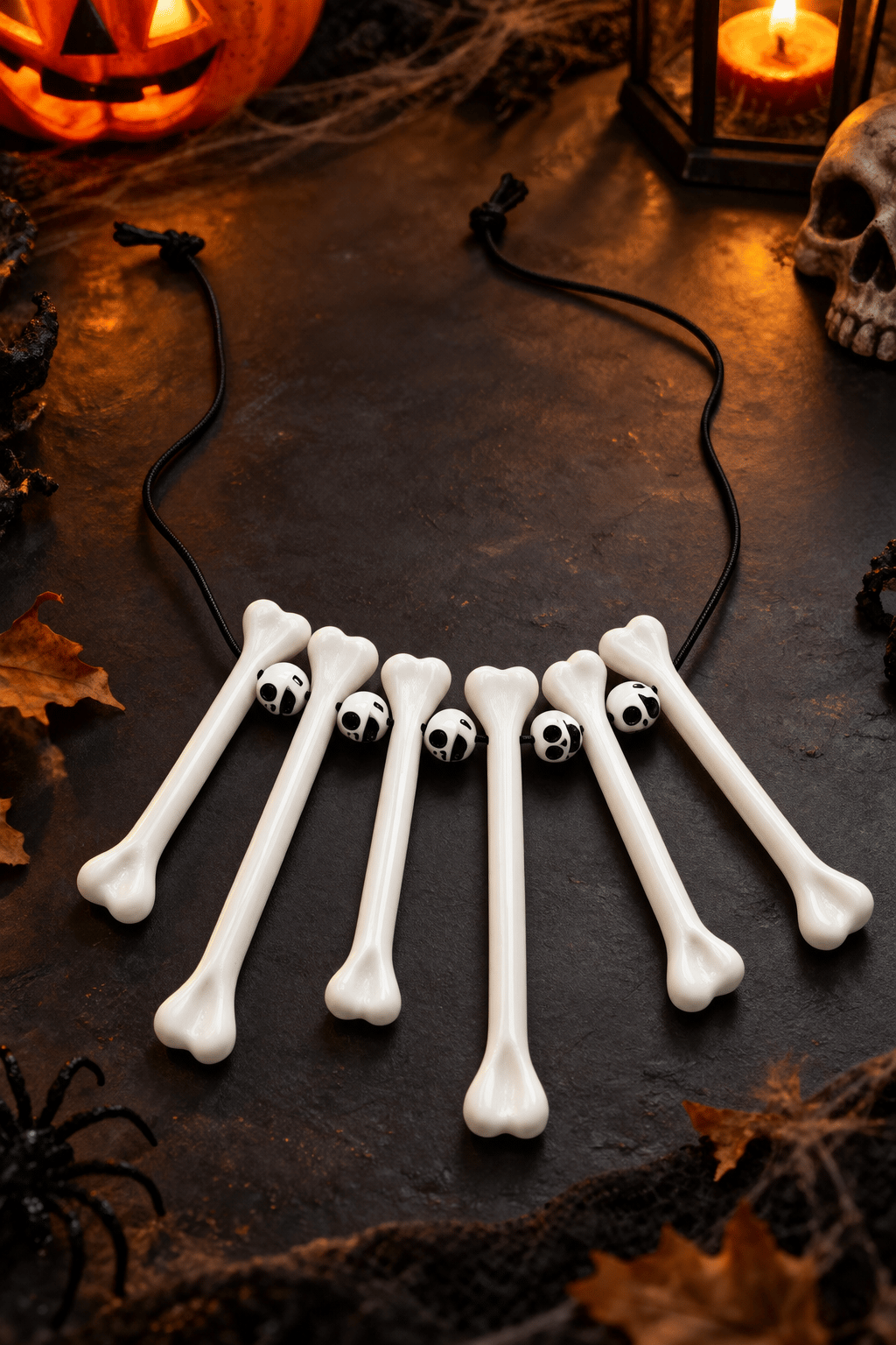Halloween Kemik Kolye Kuru Kafa Boncuklu Beyaz