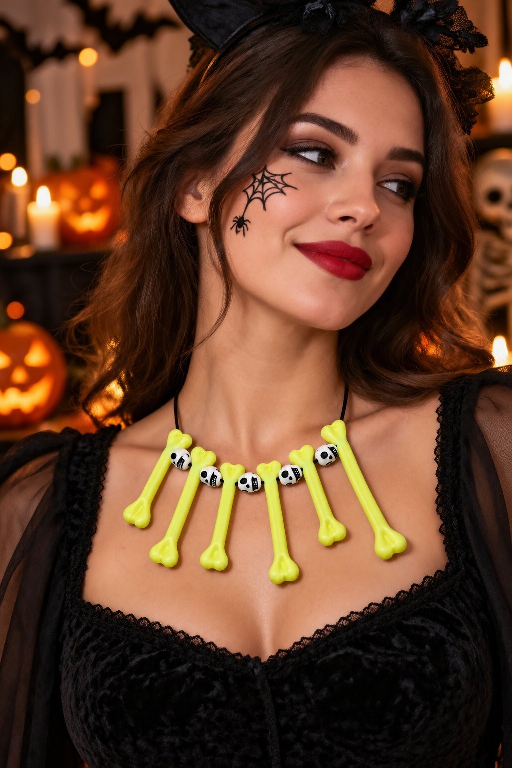 Halloween Kemik Kolye Kuru Kafa Boncuklu Açık Yeşil