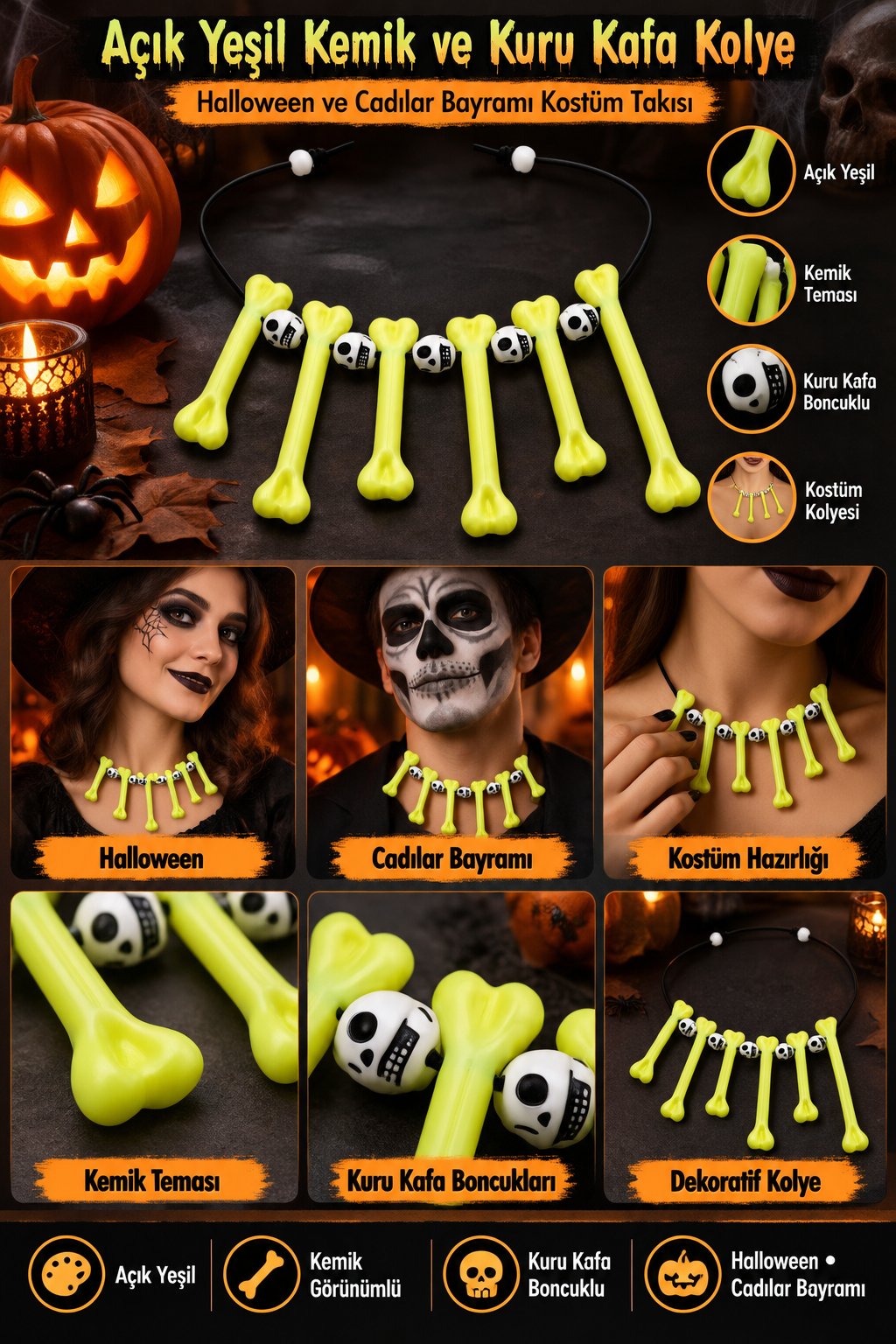 Halloween Kemik Kolye Kuru Kafa Boncuklu Açık Yeşil