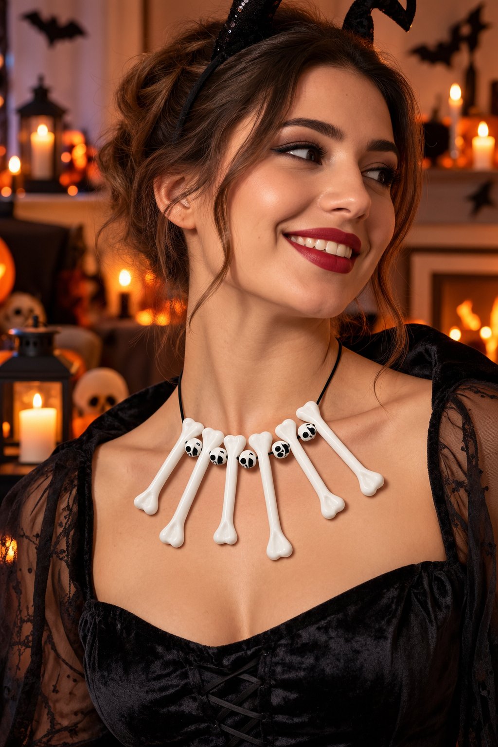 Halloween Kemik Kolye Kuru Kafa Boncuklu Beyaz