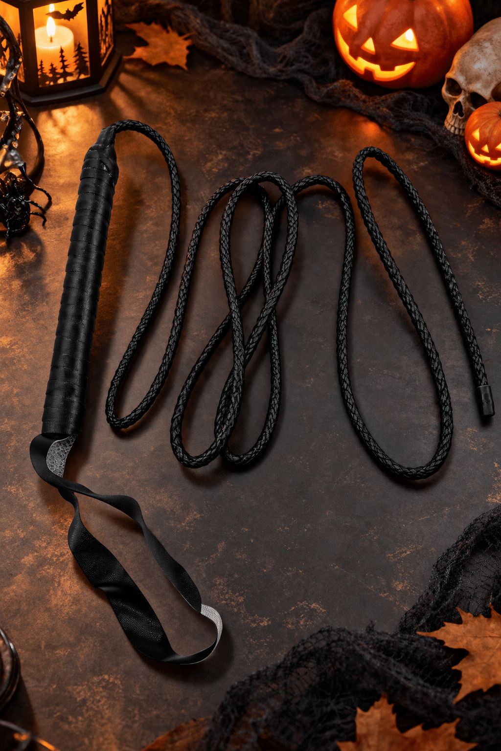 Halloween Korku Konseptli Dekoratif Deri Örme Kırbaç – Siyah Örgü Saplı