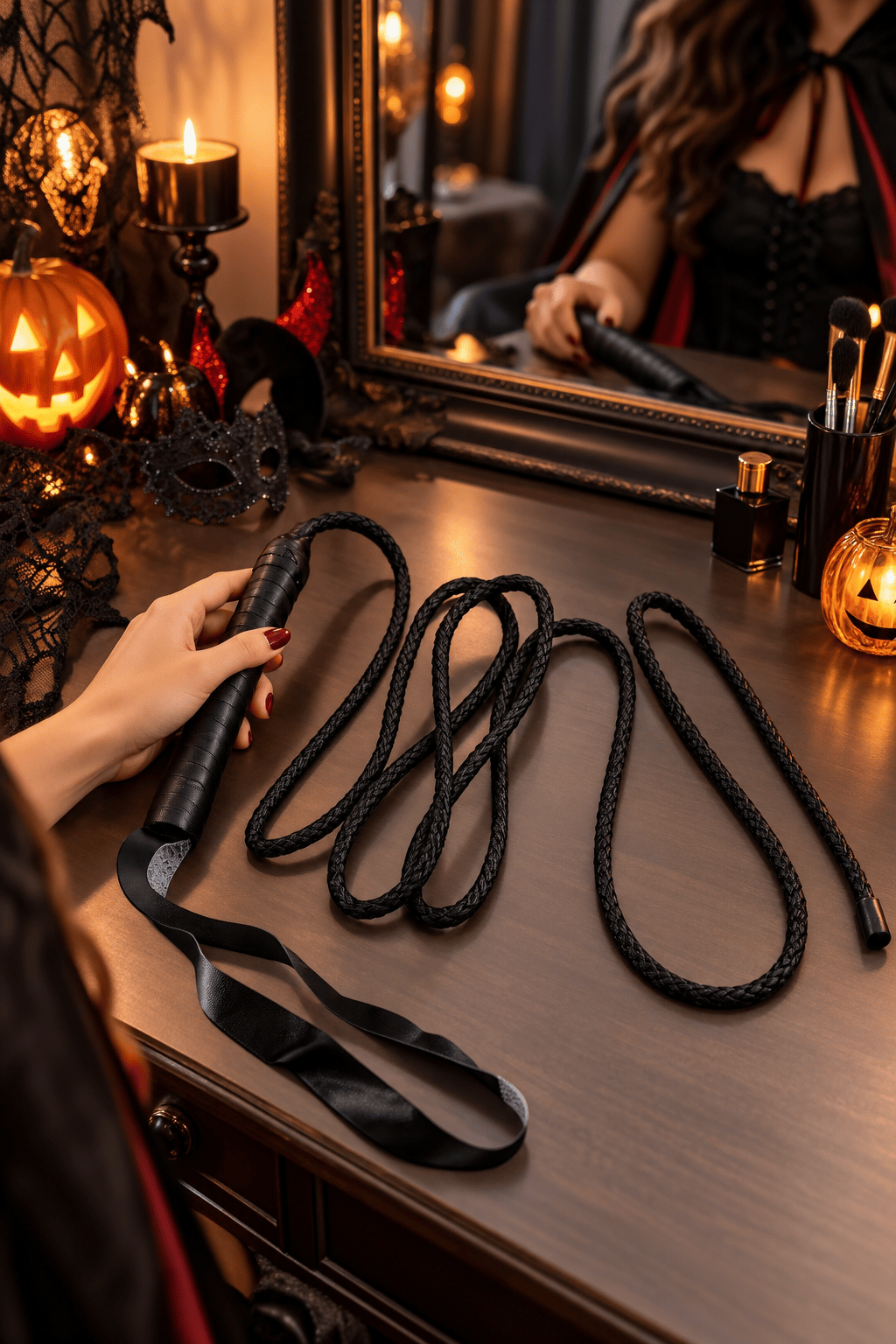 Halloween Korku Konseptli Dekoratif Deri Örme Kırbaç – Siyah Örgü Saplı