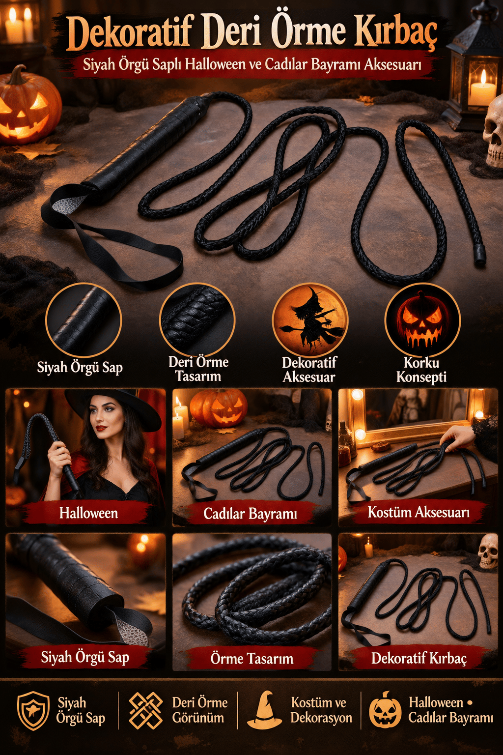 Halloween Korku Konseptli Dekoratif Deri Örme Kırbaç – Siyah Örgü Saplı