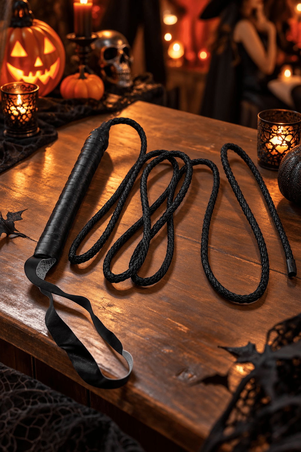 Halloween Korku Konseptli Dekoratif Deri Örme Kırbaç – Siyah Örgü Saplı