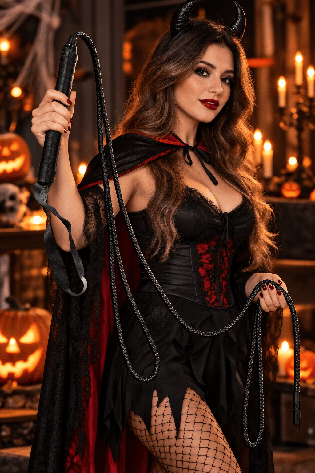 Halloween Korku Konseptli Dekoratif Deri Örme Kırbaç – Siyah Örgü Saplı