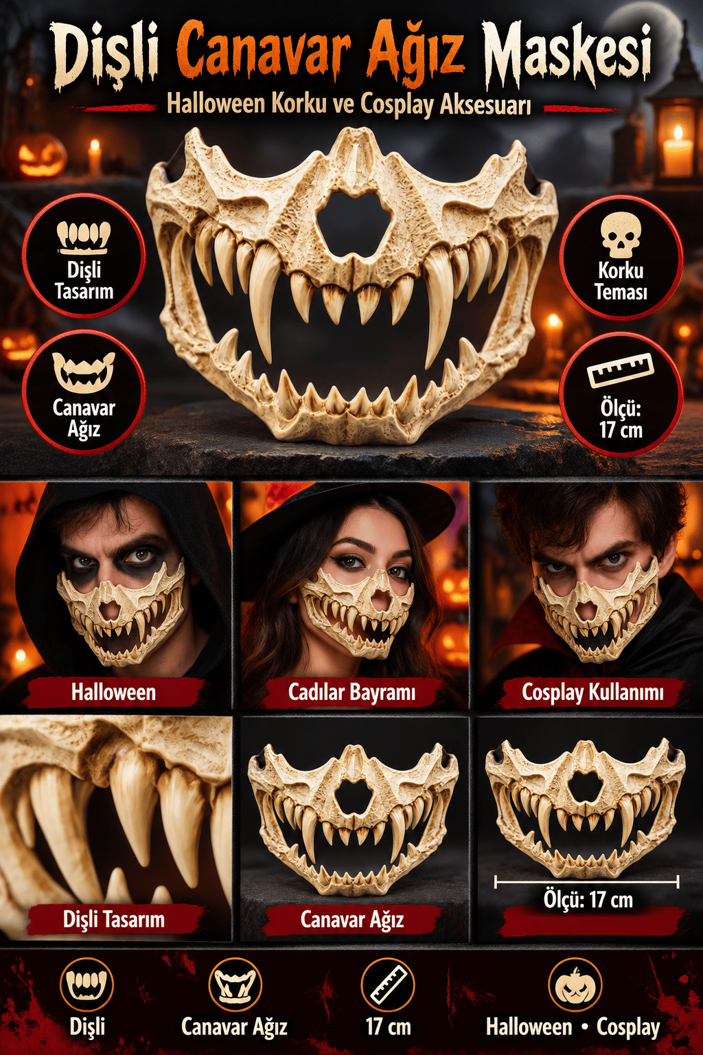 Halloween Korku Maskesi Dişli Canavar Ağız Maskesi Cosplay Parti Maskesi 17 cm