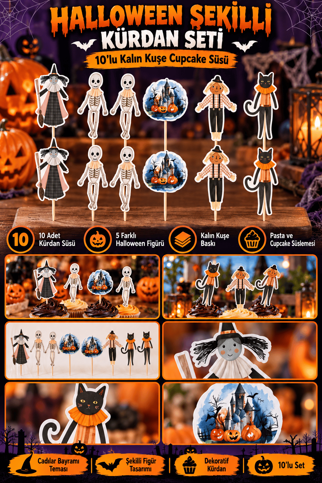 Halloween Kürdan 10'lu Şekilli Kürdan Kalın Kuşe