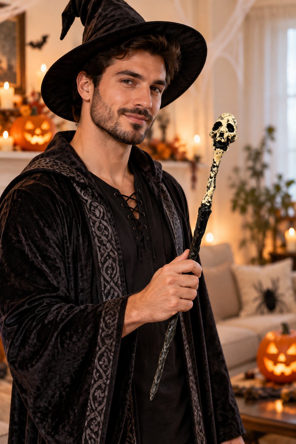 Halloween Kuru Kafa Detaylı Cadı Asası 45 Cm Cadılar Bayramı