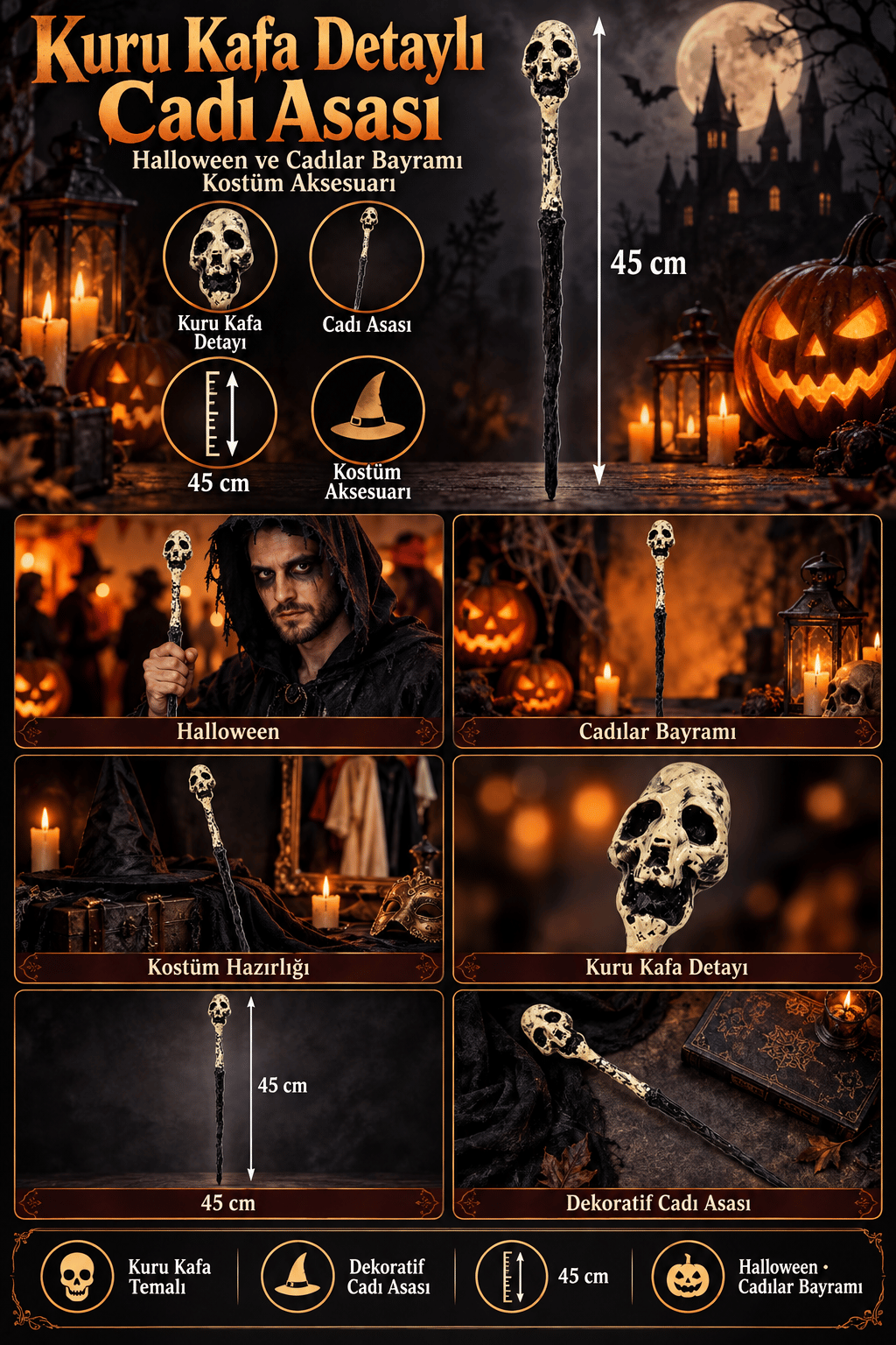 Halloween Kuru Kafa Detaylı Cadı Asası 45 Cm Cadılar Bayramı
