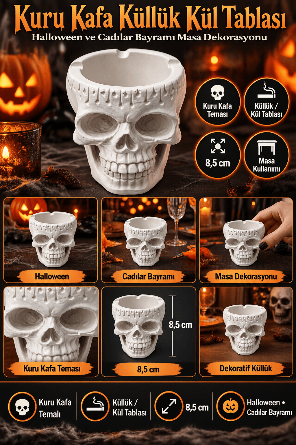 Halloween Kuru Kafa Kül Tablası  Cadılar Bayramı 8,5 CM