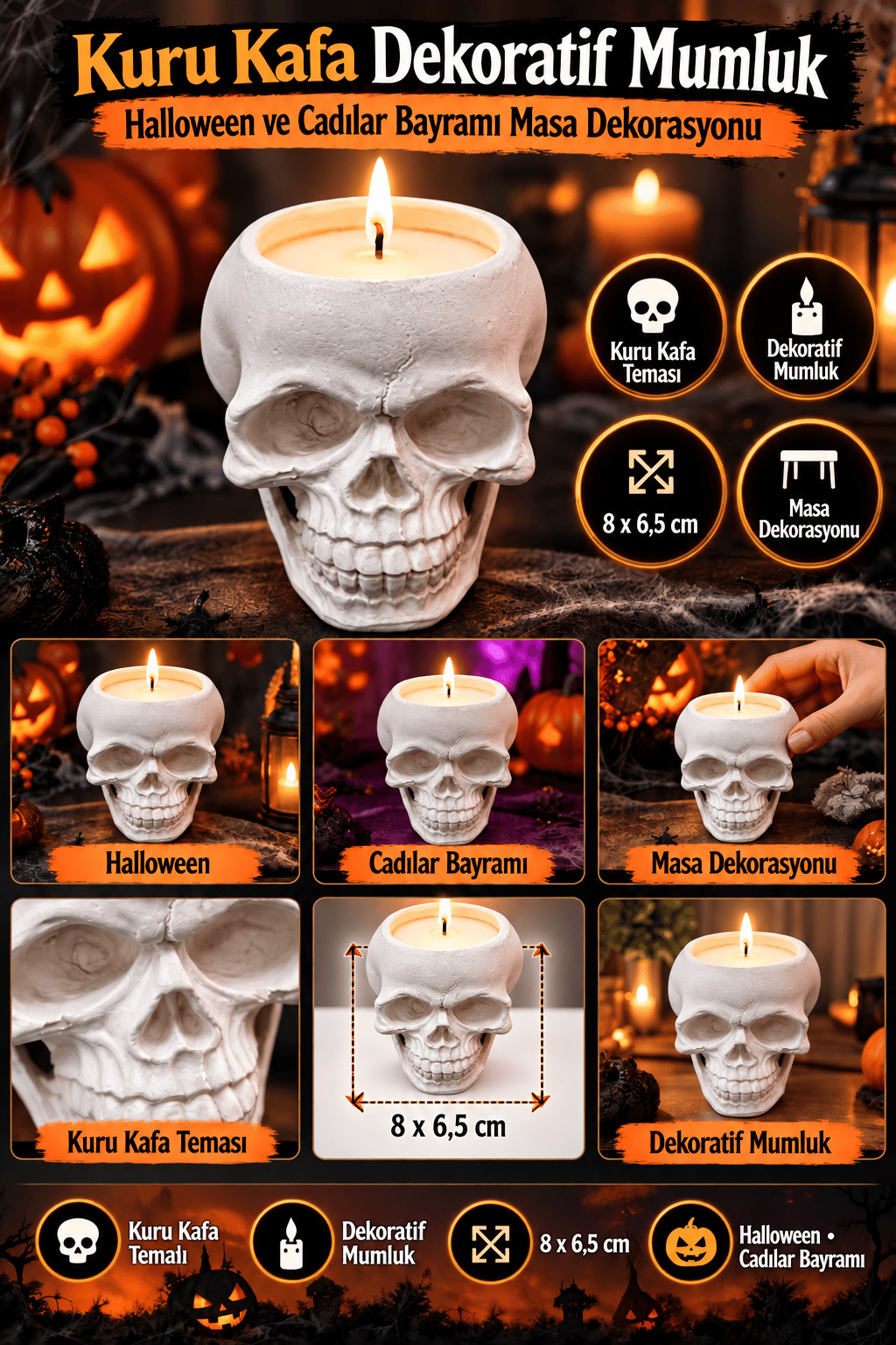 Halloween Kuru Kafa Mumluk  Kafatası Mum 8cm x 6.5cm Cadılar Bayramı