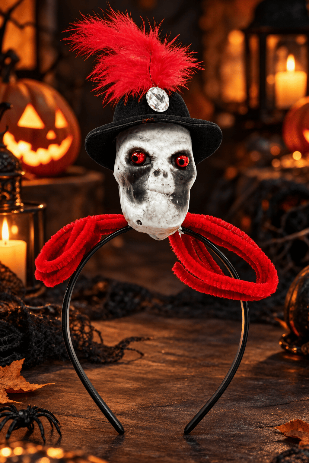 Halloween Kuru Kafa Taç Kırmızı Tüylü Şapkalı Taşlı Cadılar Bayramı Parti Kostüm Saç Aksesuarı