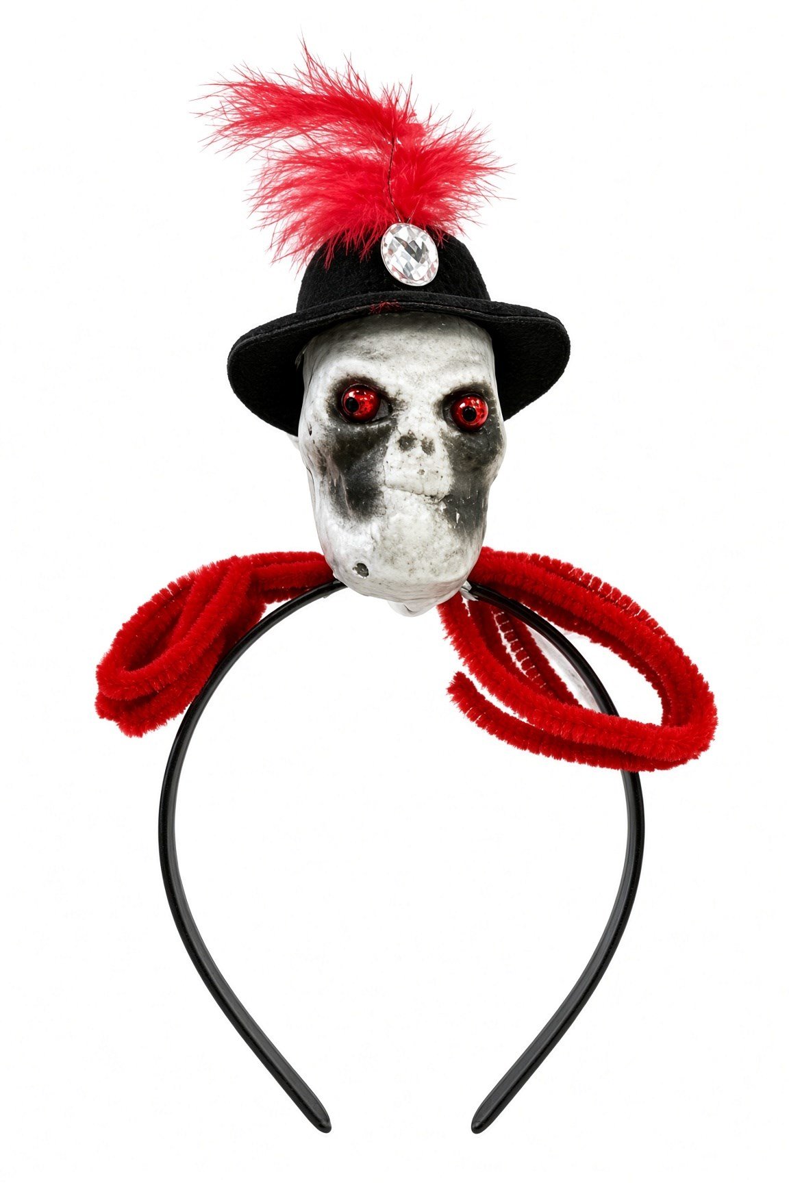 Halloween Kuru Kafa Taç Kırmızı Tüylü Şapkalı Taşlı