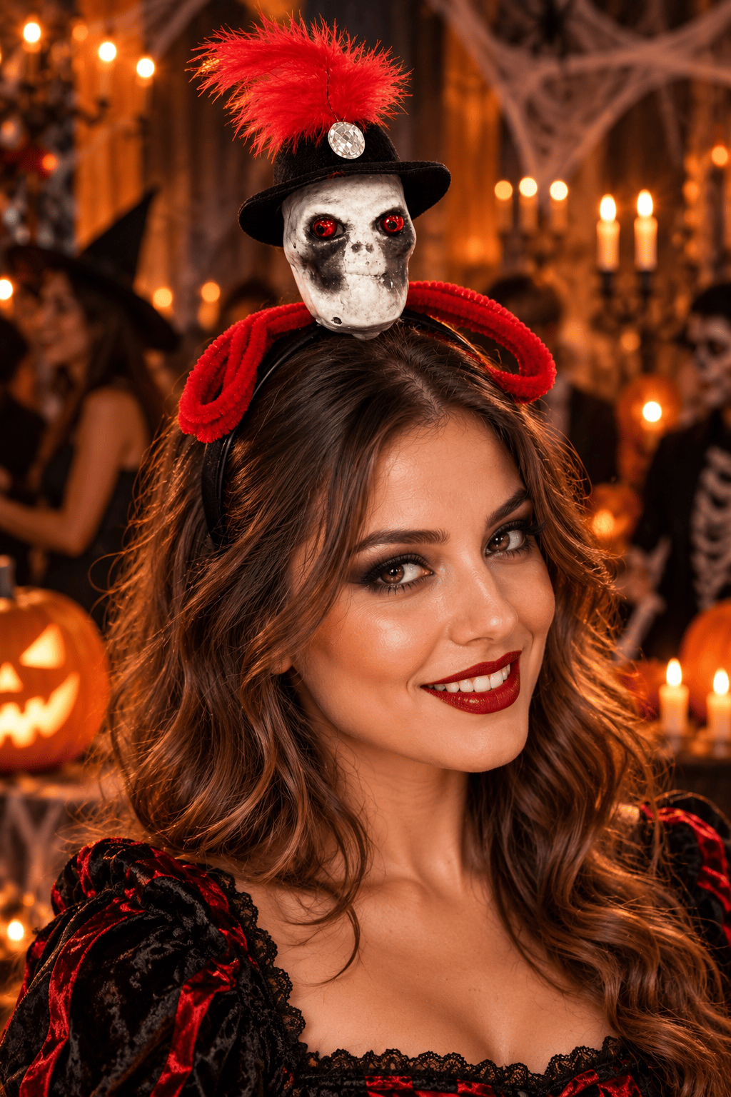Halloween Kuru Kafa Taç Kırmızı Tüylü Şapkalı Taşlı Cadılar Bayramı Parti Kostüm Saç Aksesuarı