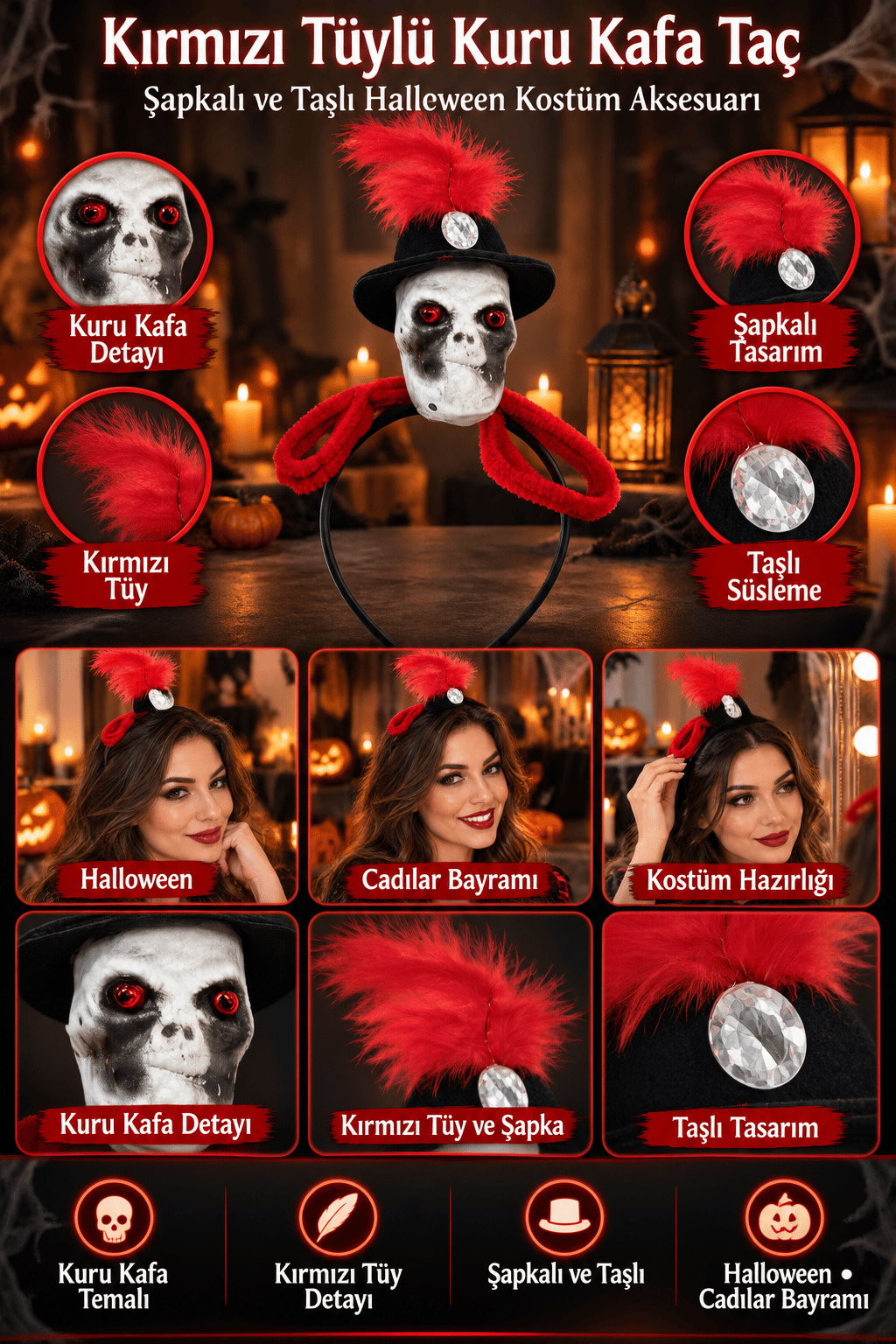 Halloween Kuru Kafa Taç Kırmızı Tüylü Şapkalı Taşlı Cadılar Bayramı Parti Kostüm Saç Aksesuarı