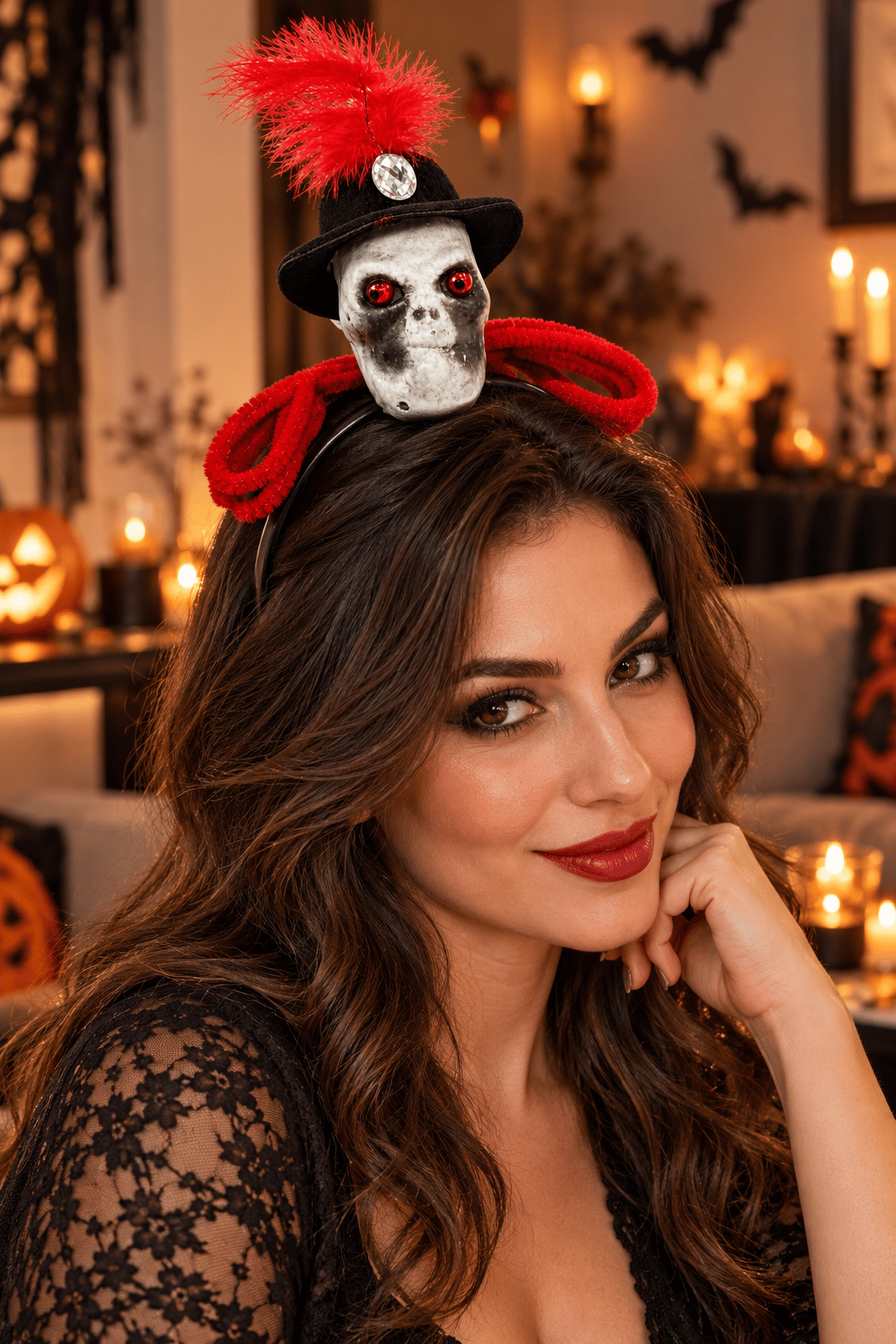 Halloween Kuru Kafa Taç Kırmızı Tüylü Şapkalı Taşlı Cadılar Bayramı Parti Kostüm Saç Aksesuarı