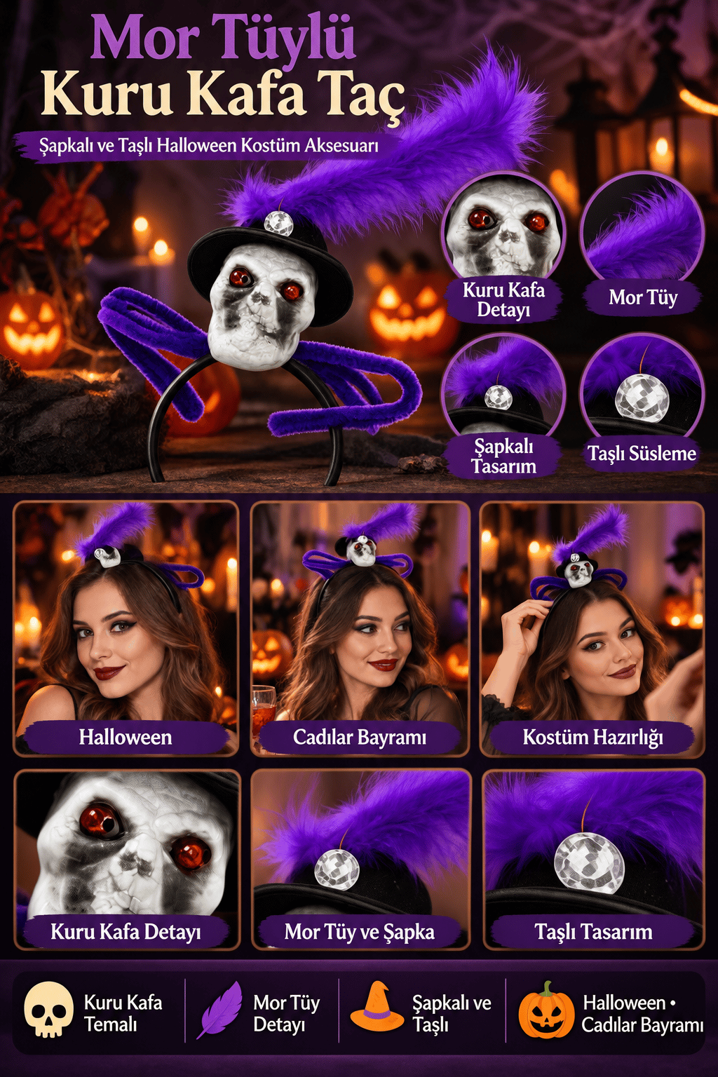 Halloween Kuru Kafa Taç Mor Tüylü Şapkalı Taşlı