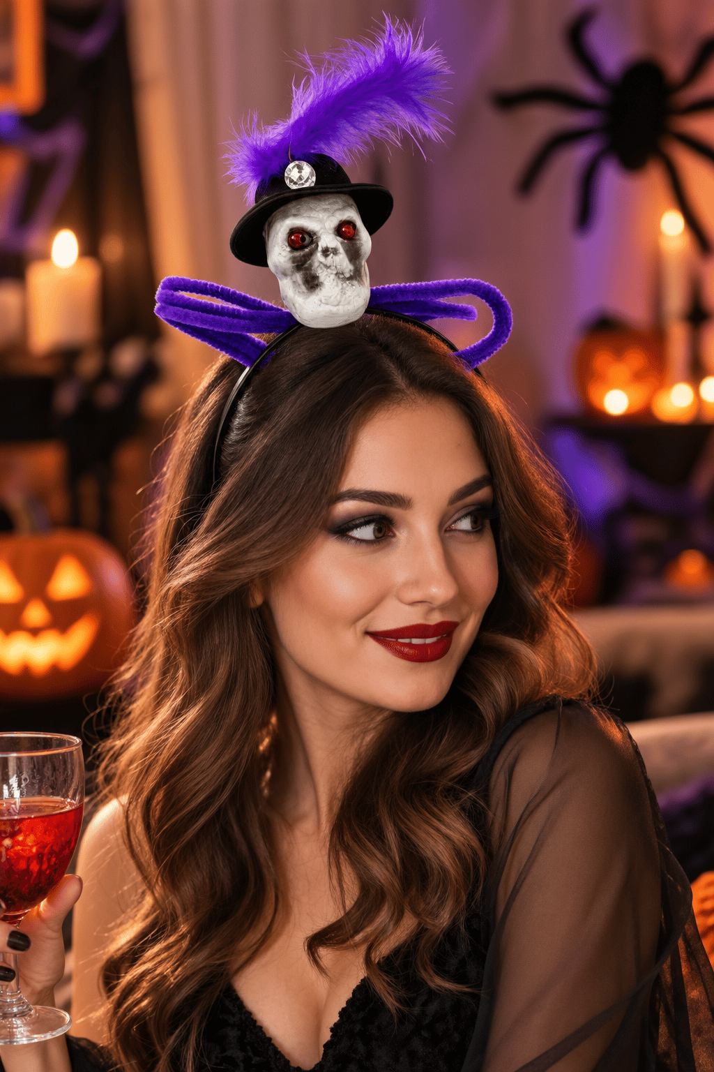 Halloween Kuru Kafa Taç Mor Tüylü Şapkalı Taşlı