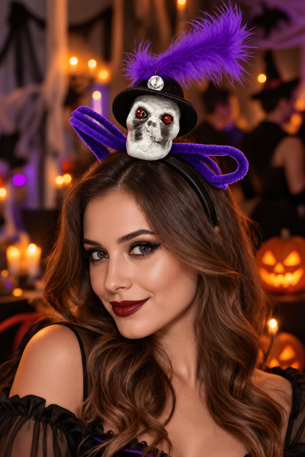 Halloween Kuru Kafa Taç Mor Tüylü Şapkalı Taşlı