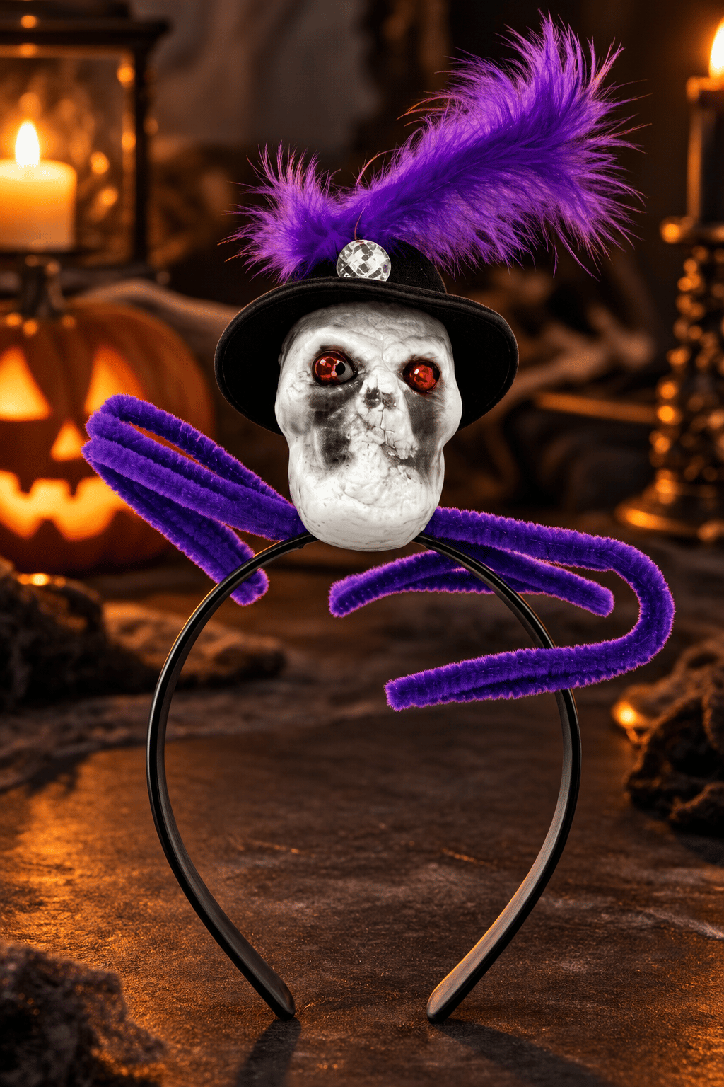 Halloween Kuru Kafa Taç Mor Tüylü Şapkalı Taşlı