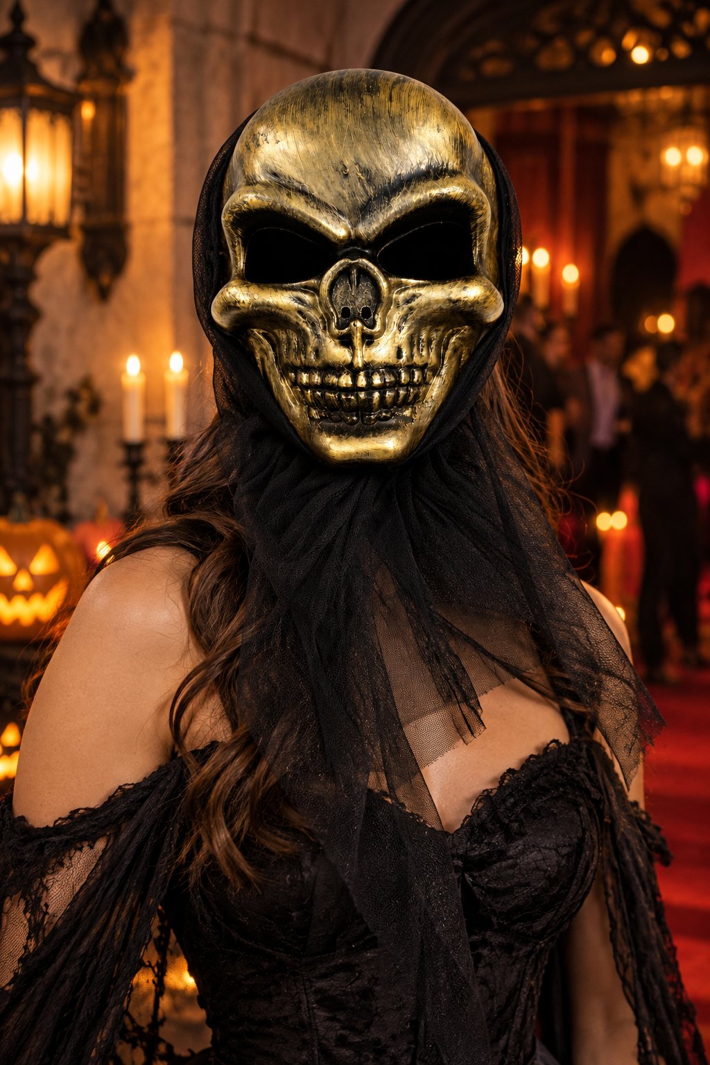 Halloween  Kurukafa Maske Gold Arkası Tüllü Cadılar Bayramı