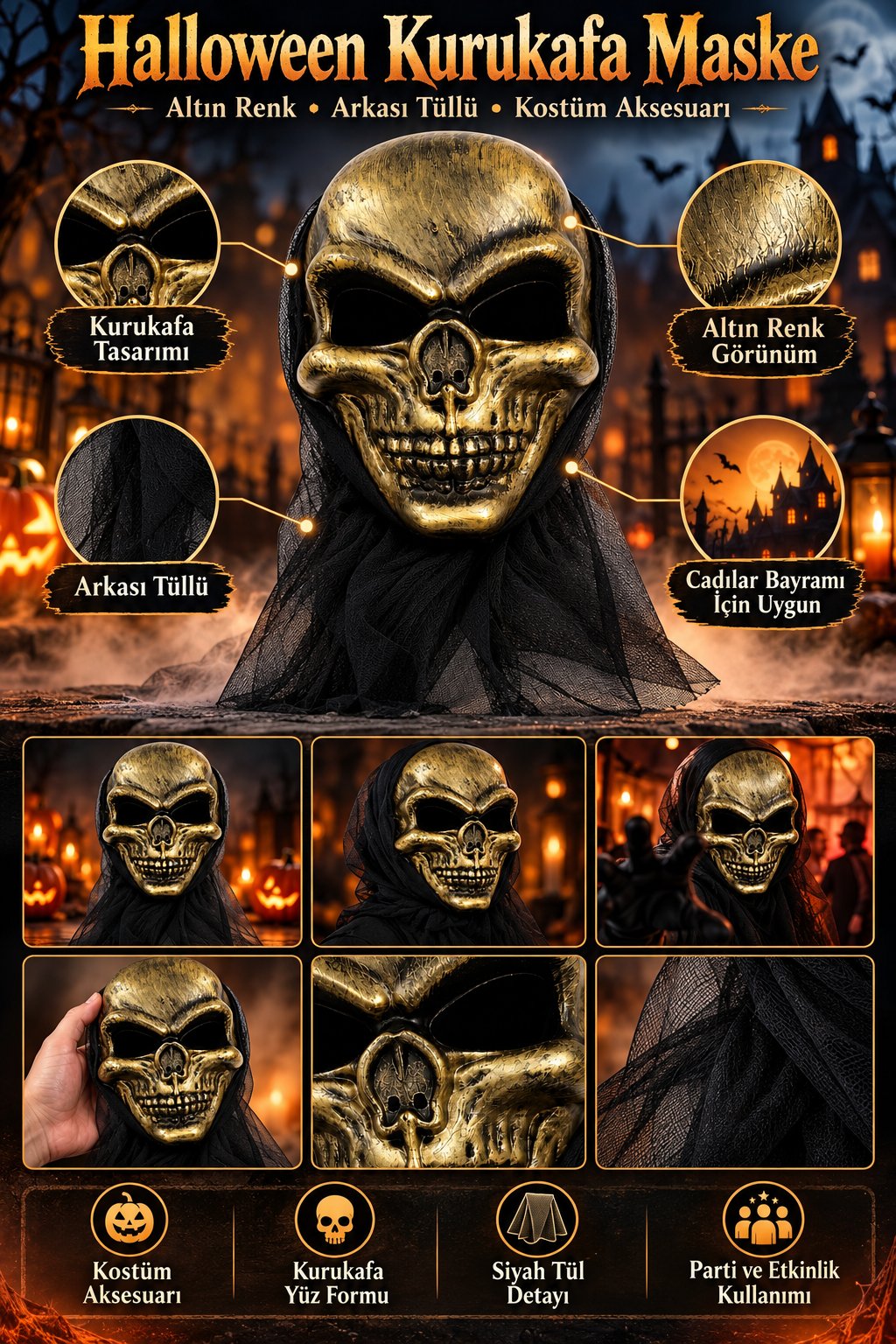 Halloween  Kurukafa Maske Gold Arkası Tüllü Cadılar Bayramı