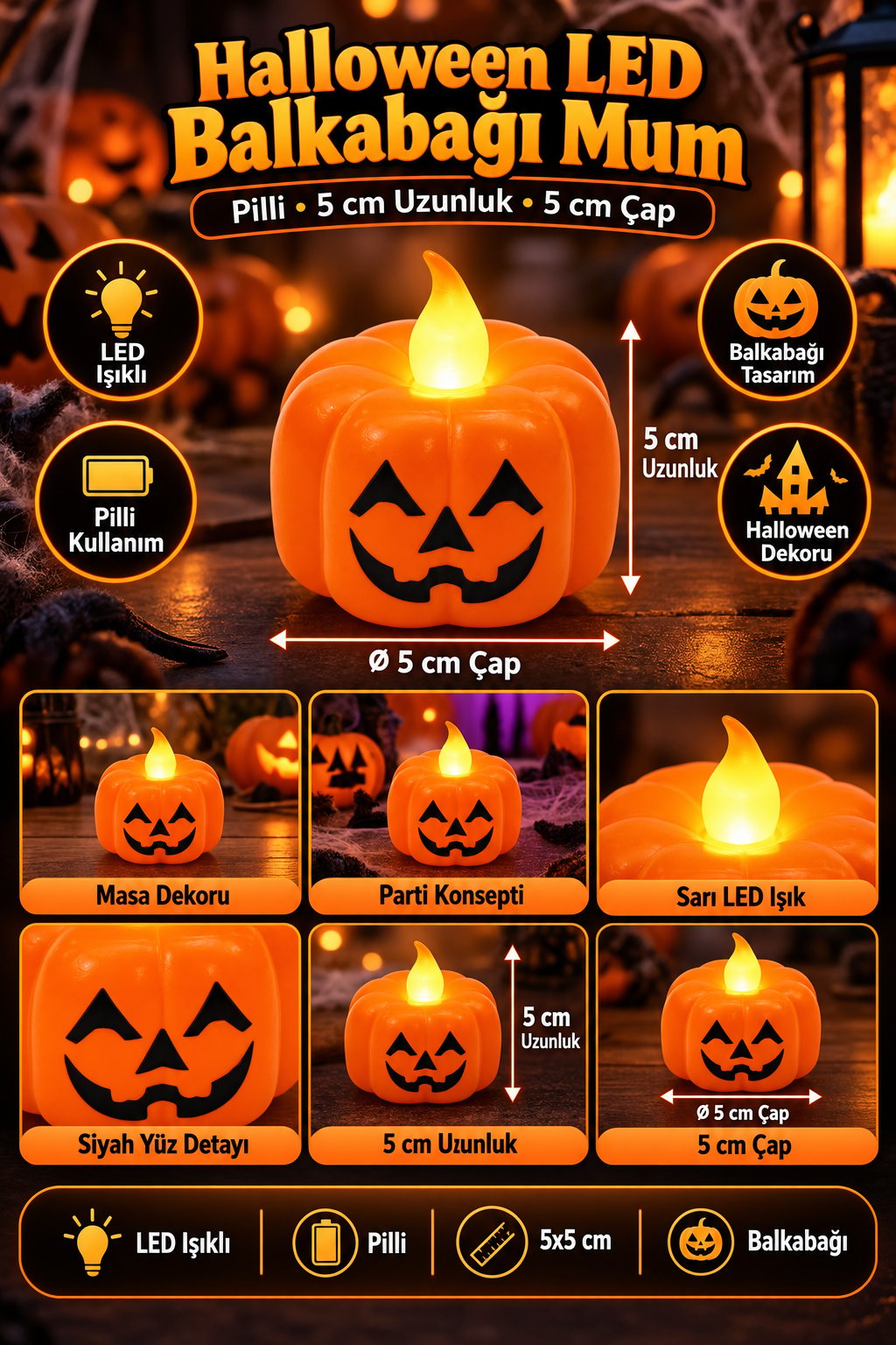 Halloween LED Balkabağı Mum Işıklı Pilli Dekoratif Mum Seti