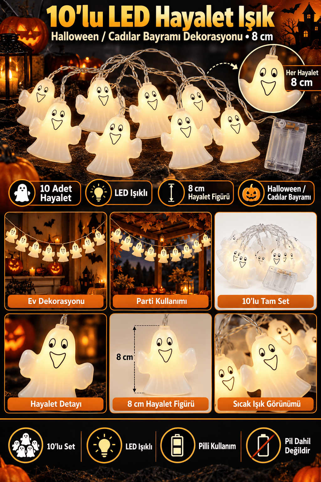 Halloween Led Işık Hayalet 8 cm 10 Lu