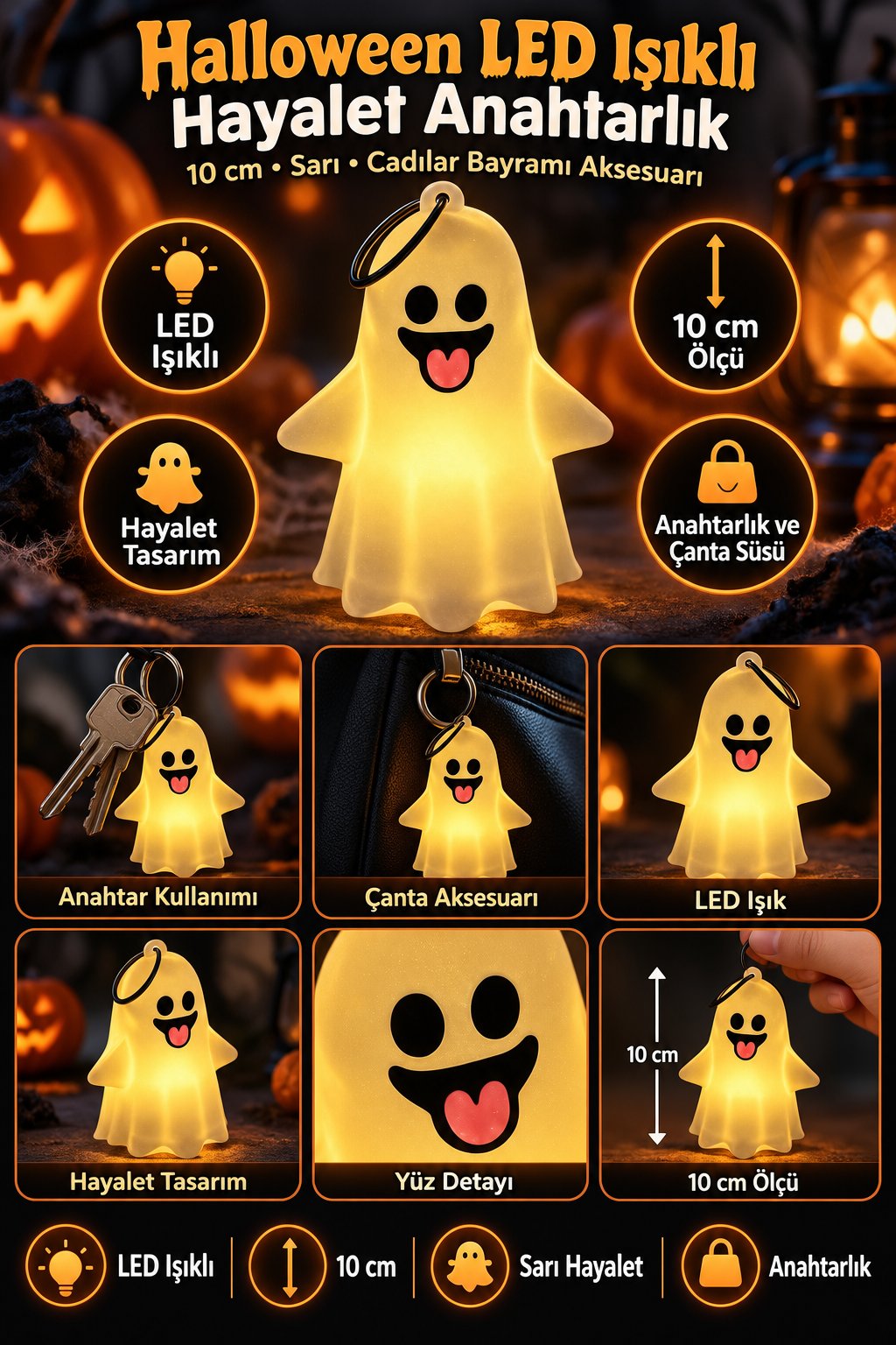 Halloween LED Işıklı Hayalet Anahtarlık 10 cm