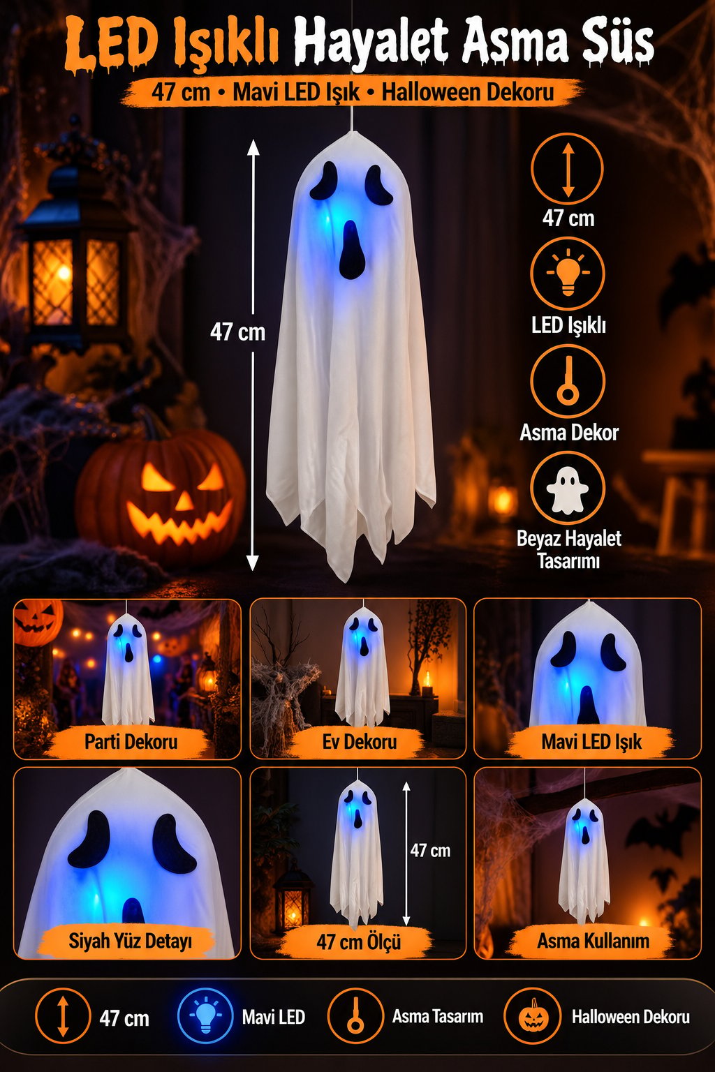Halloween LED Işıklı Hayalet Süs 47 cm Asma Dekor Cadılar Bayramı
