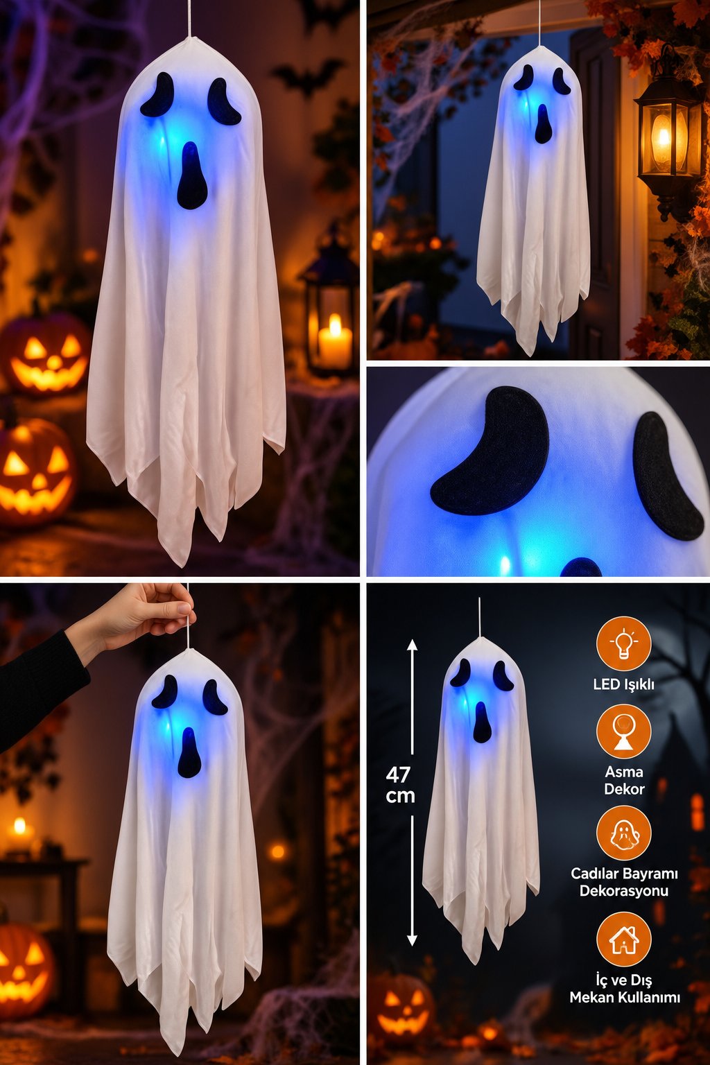 Halloween LED Işıklı Hayalet Süs 47 cm Asma Dekor Cadılar Bayramı