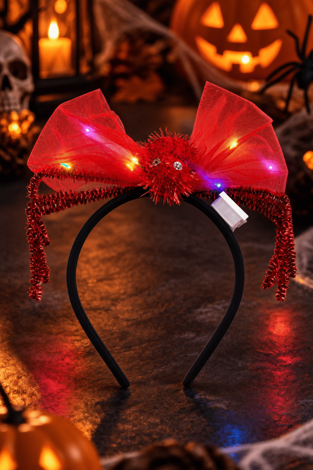 Halloween LED Işıklı Örümcek Kırmızı Taç Saç Bandı Tüllü Cadılar Bayramı